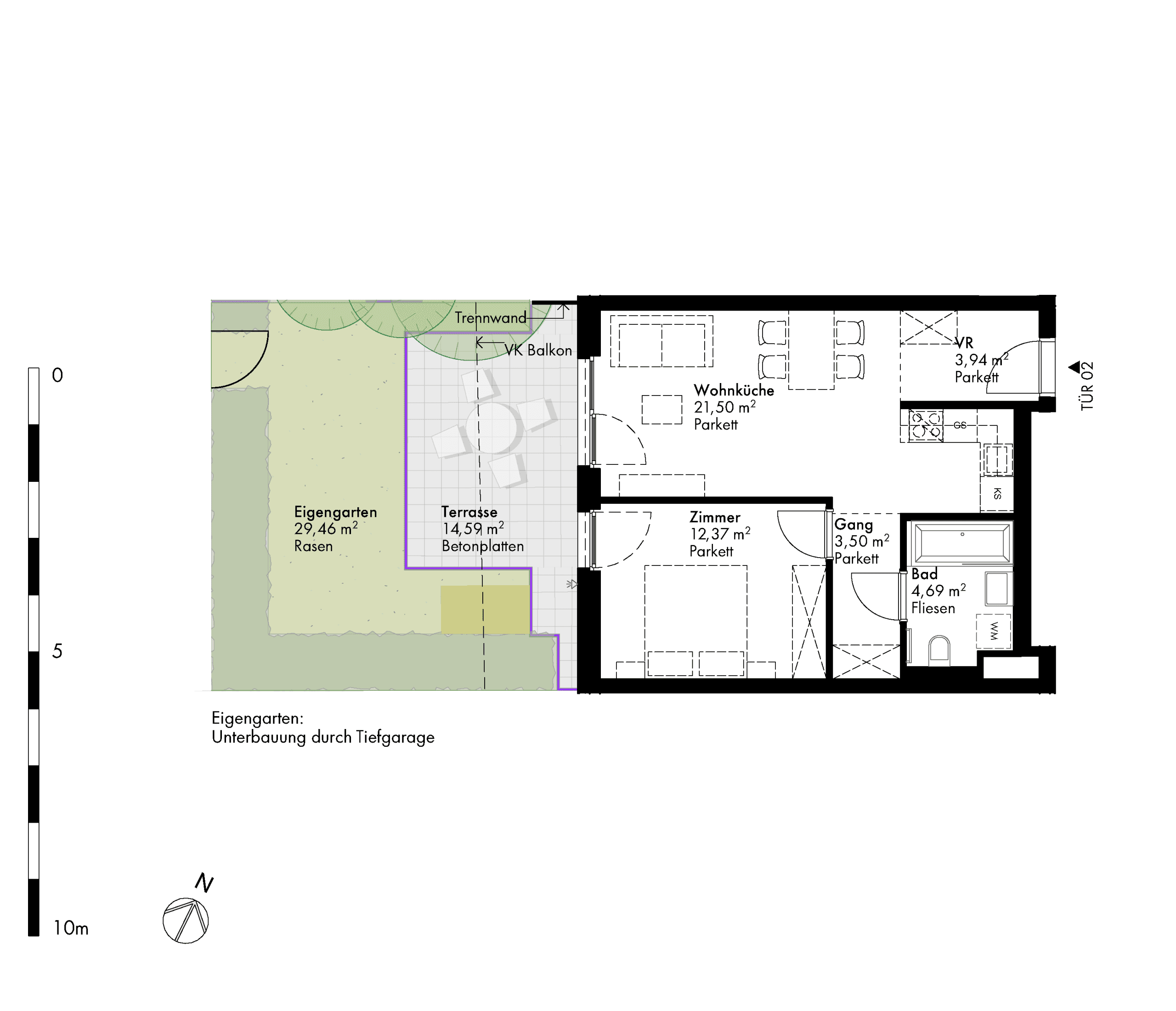 Grundriss Stiege stiege-5 / Top 02 — Hirschfeld — 2 Zimmer — 46 m² — Ground floor