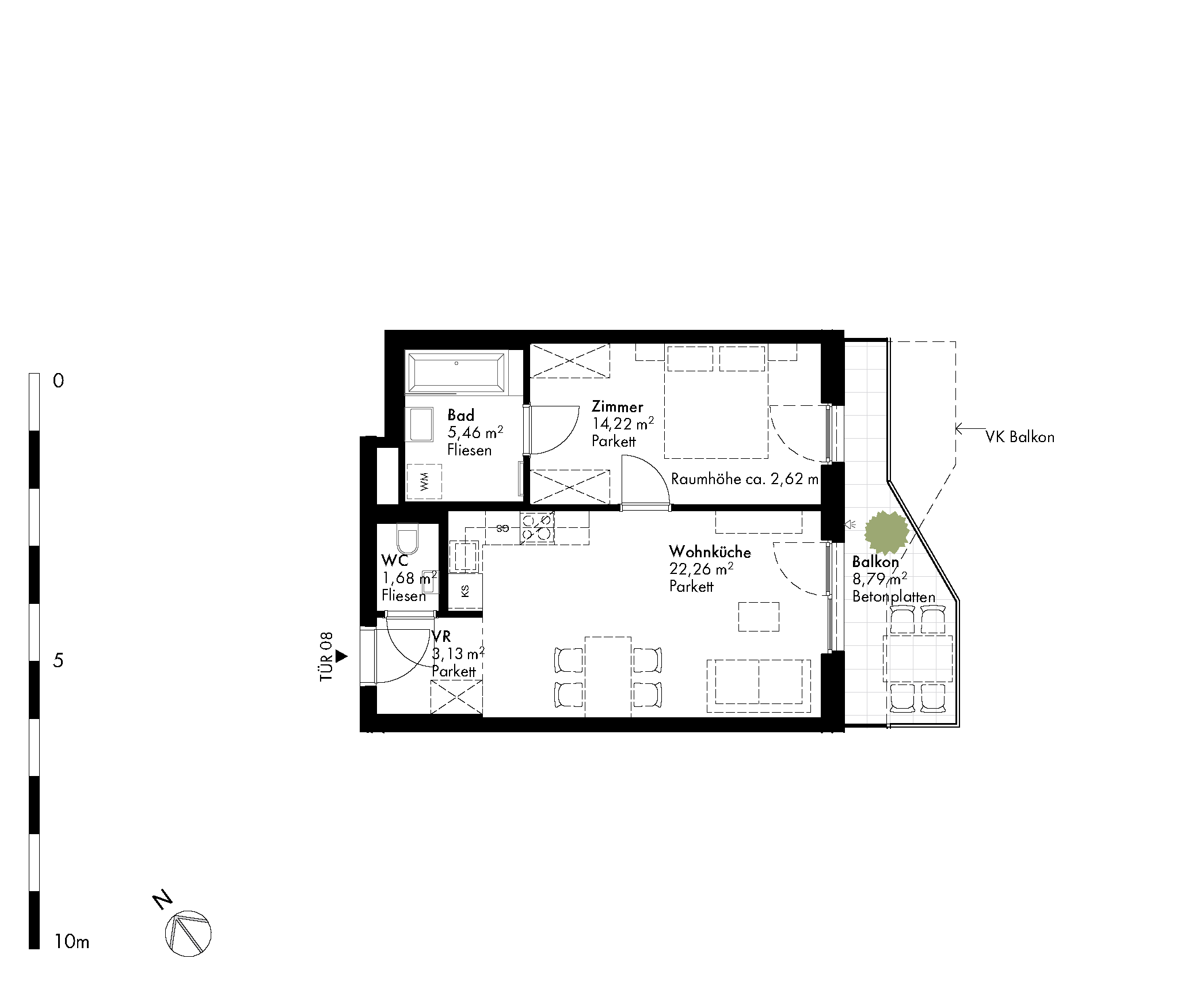 Grundriss Stiege 1 / Top 08 — Hirschfeld — 2 Zimmer — 46,8 m² — 1st floor