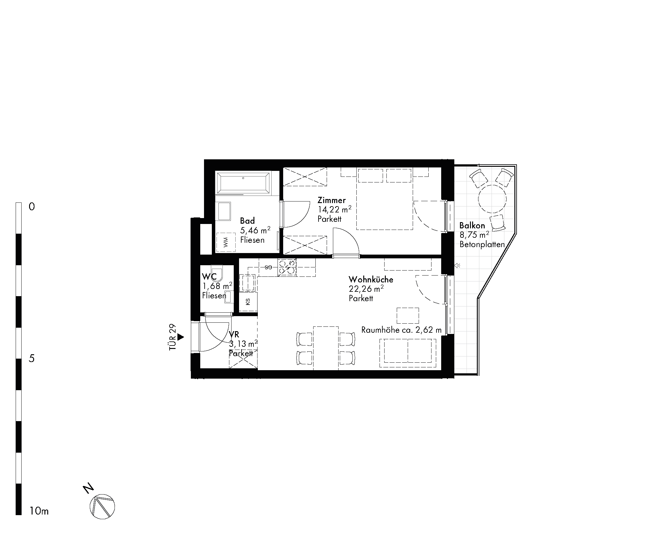 Grundriss Stiege 1 / Top 29 — Hirschfeld — 2 Zimmer — 46,8 m² — 4th floor