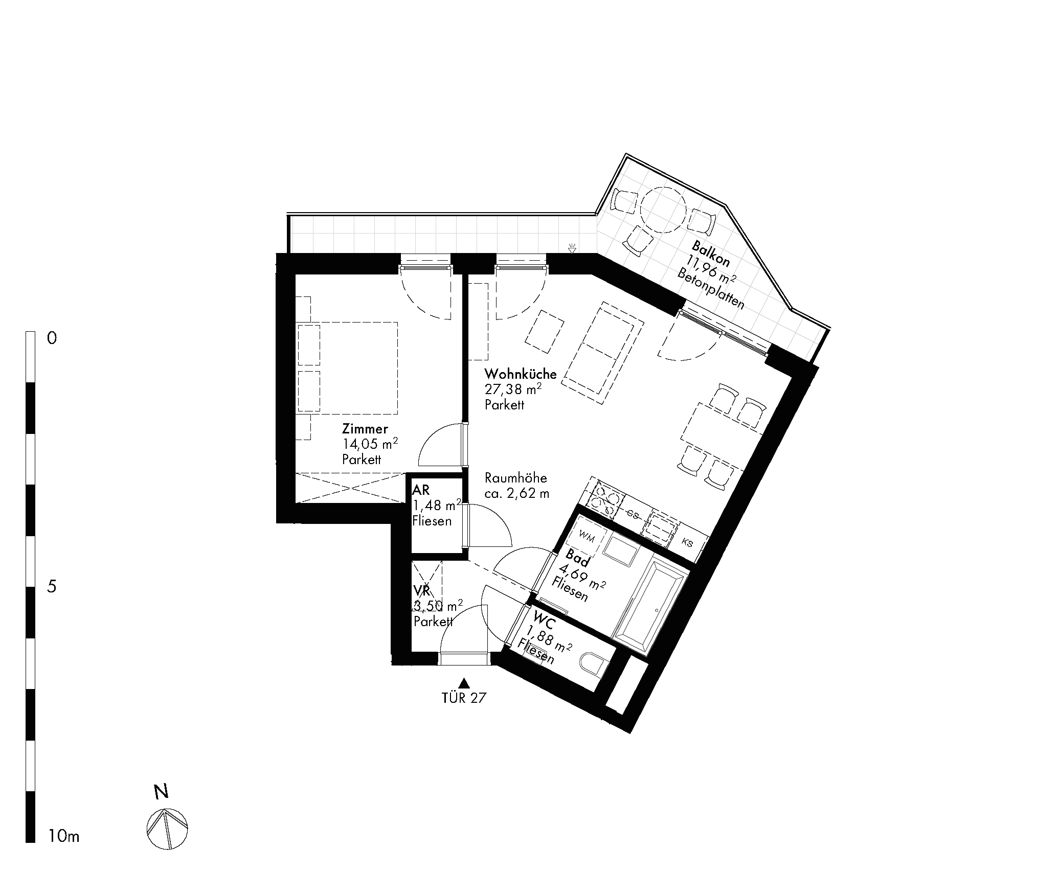 Grundriss Stiege 1 / Top 27 — Hirschfeld — 2 Zimmer — 53,1 m² — 4th floor