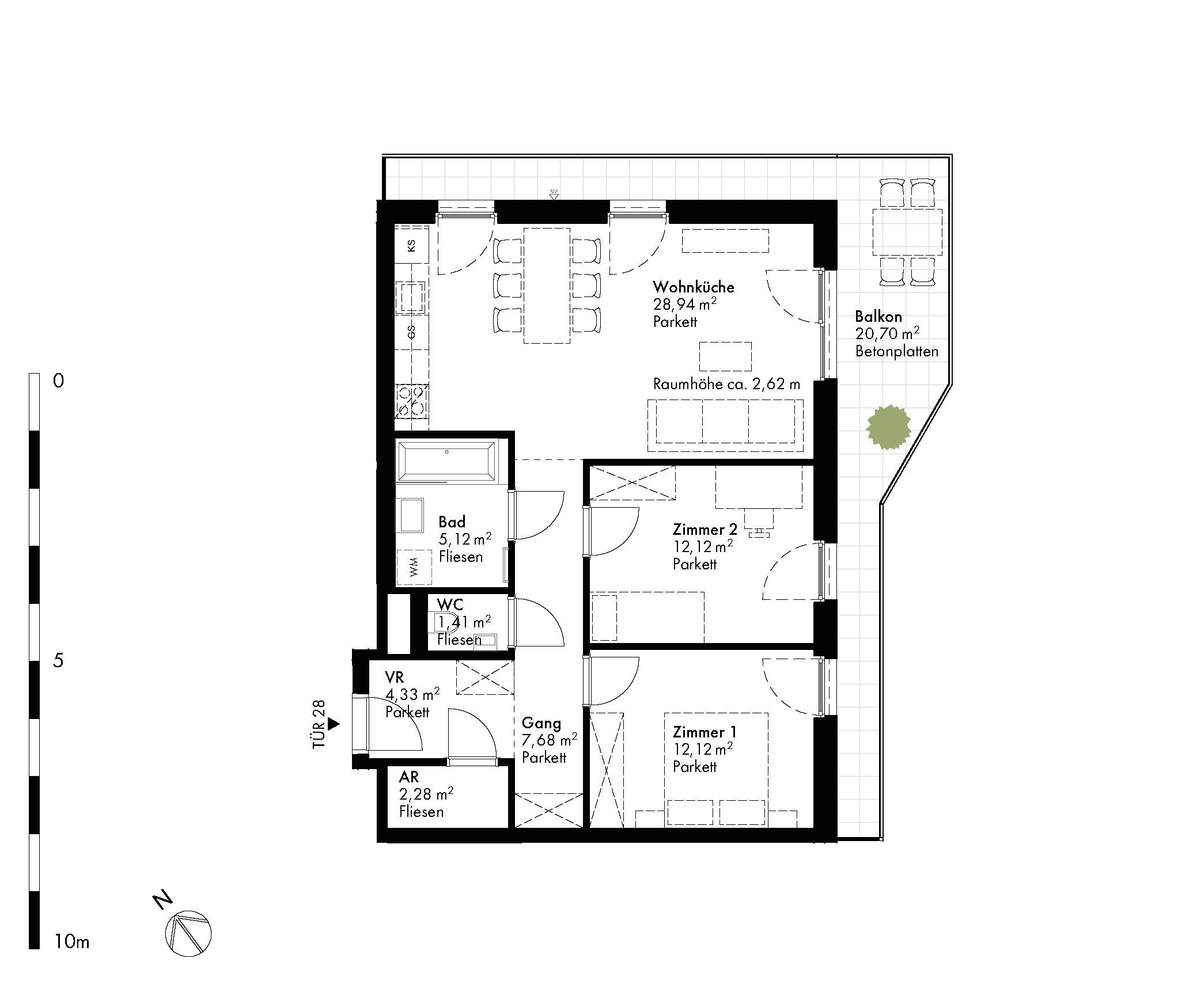 Grundriss Stiege 1 / Top 28 — Hirschfeld — 3 Zimmer — 74,1 m² — 4th floor