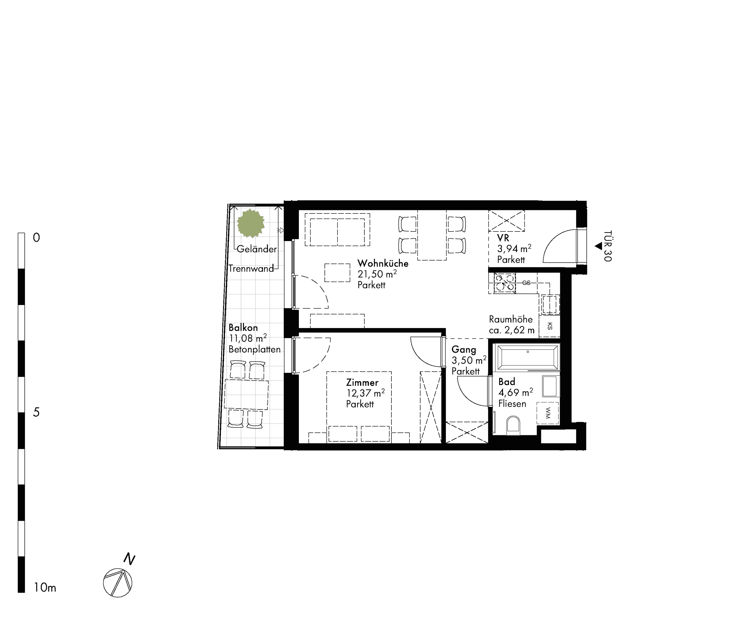 Grundriss Stiege stiege-5 / Top 30 — Hirschfeld — 2 Zimmer — 46 m² — 4th floor
