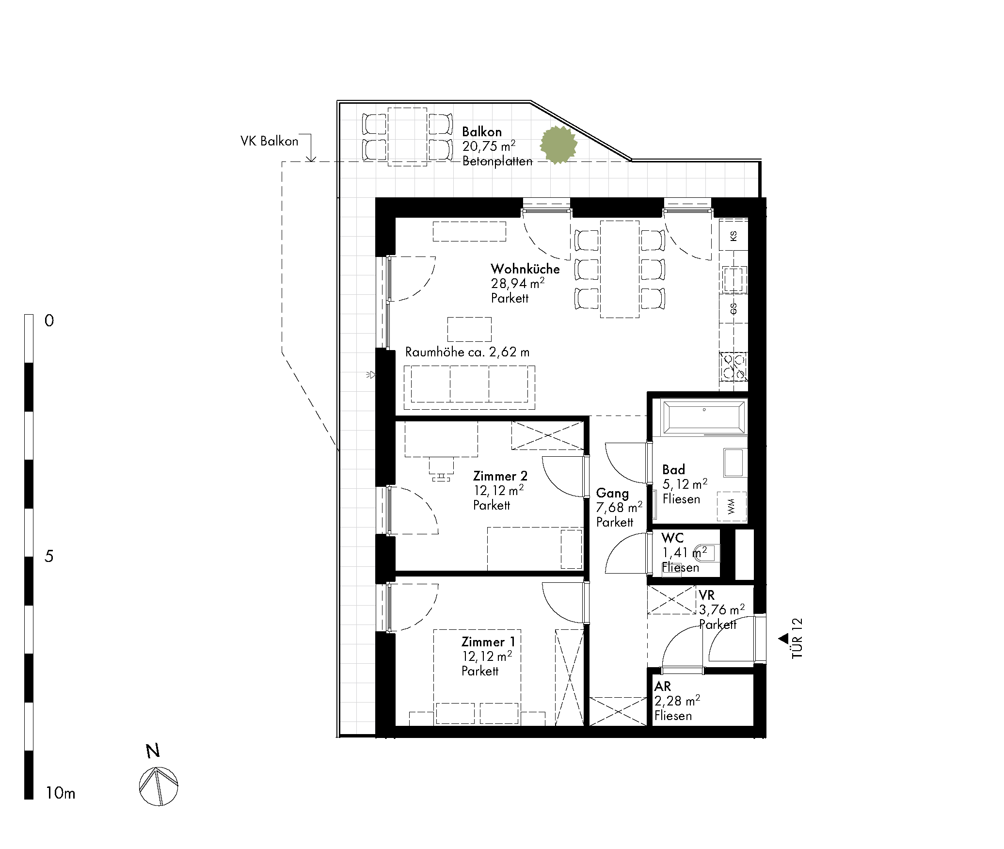 Grundriss Stiege 1 / Top 12 — Hirschfeld — 3 Zimmer — 73,5 m² — 2nd floor