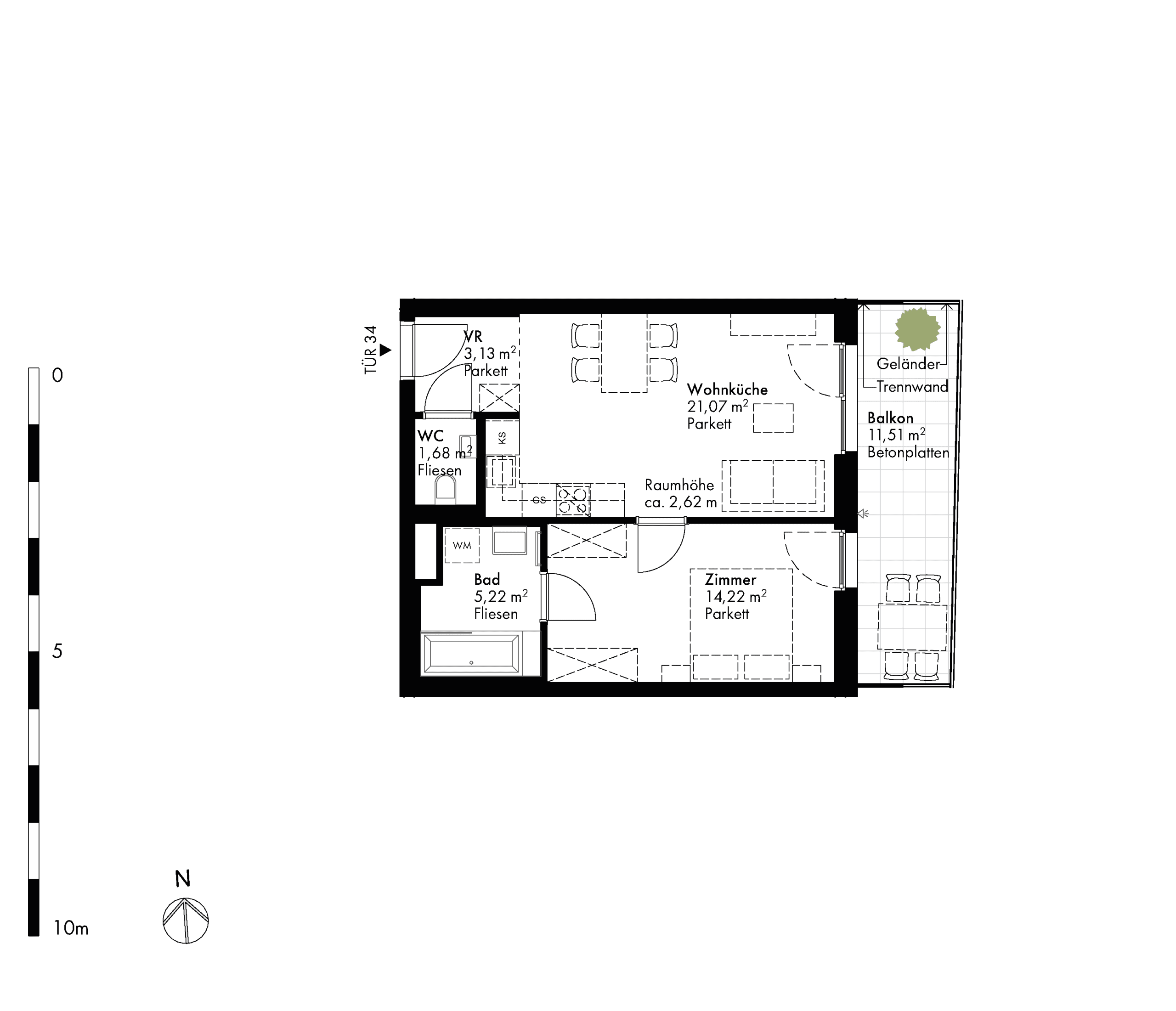 Grundriss Stiege stiege-5 / Top 34 — Hirschfeld — 2 Zimmer — 45,3 m² — 4th floor