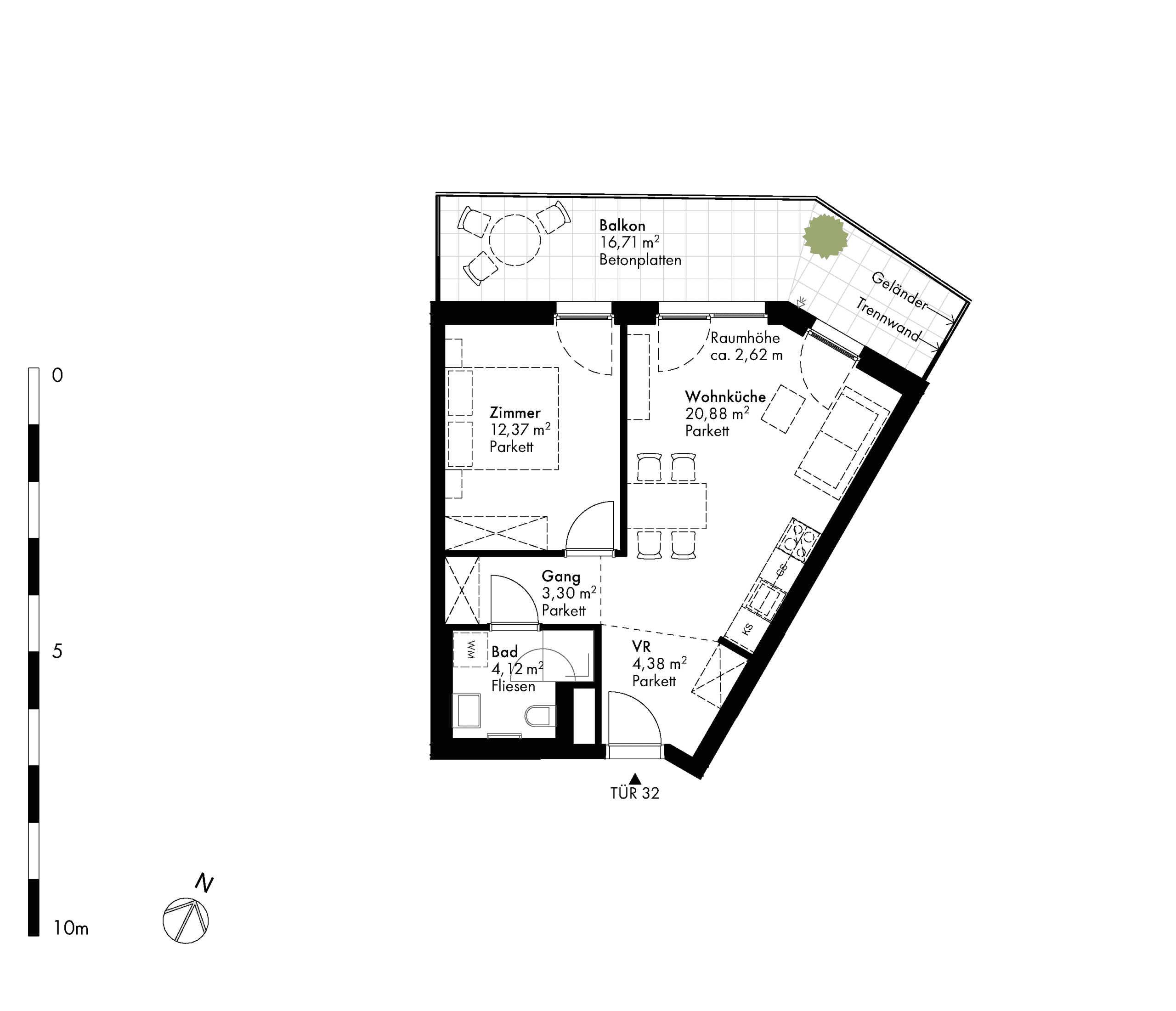 Grundriss Stiege stiege-5 / Top 32 — Hirschfeld — 2 Zimmer — 45,2 m² — 4th floor