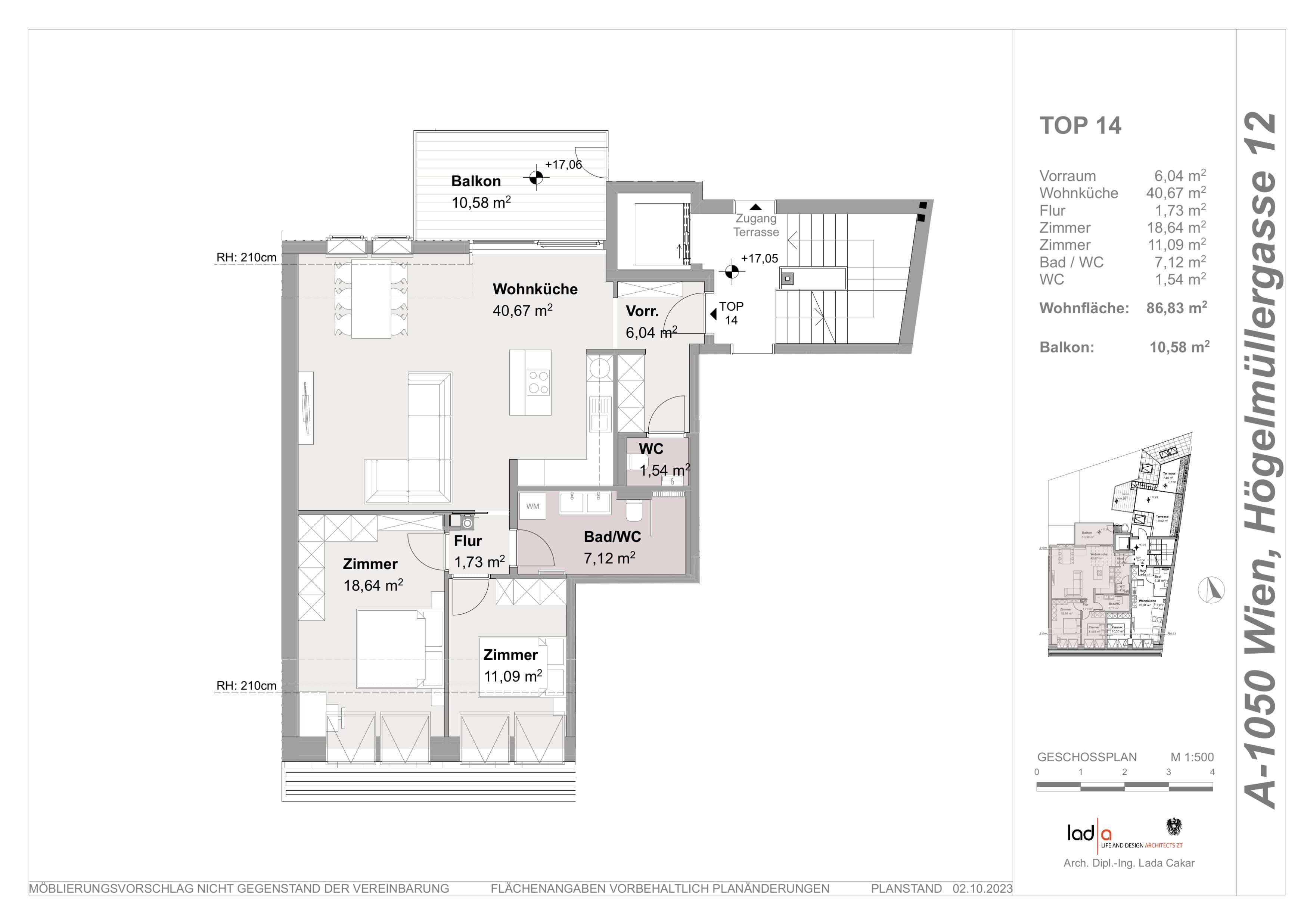 Grundriss Top 14 — Högelmüllergasse 12 — 3 Zimmer — 87 m² — 1st attic floor