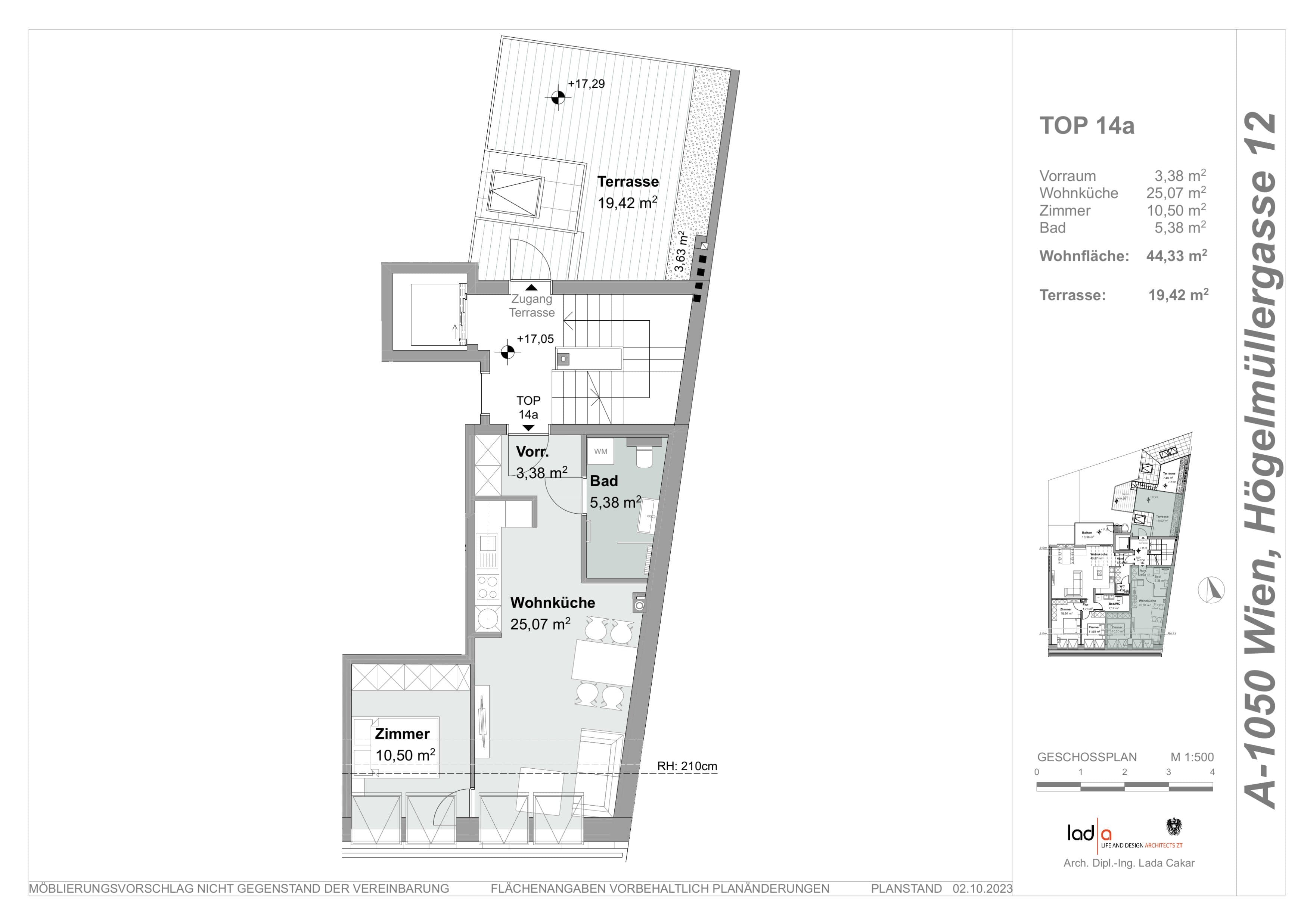 Grundriss Top 14a — Högelmüllergasse 12 — 2 Zimmer — 44 m² — 1st attic floor