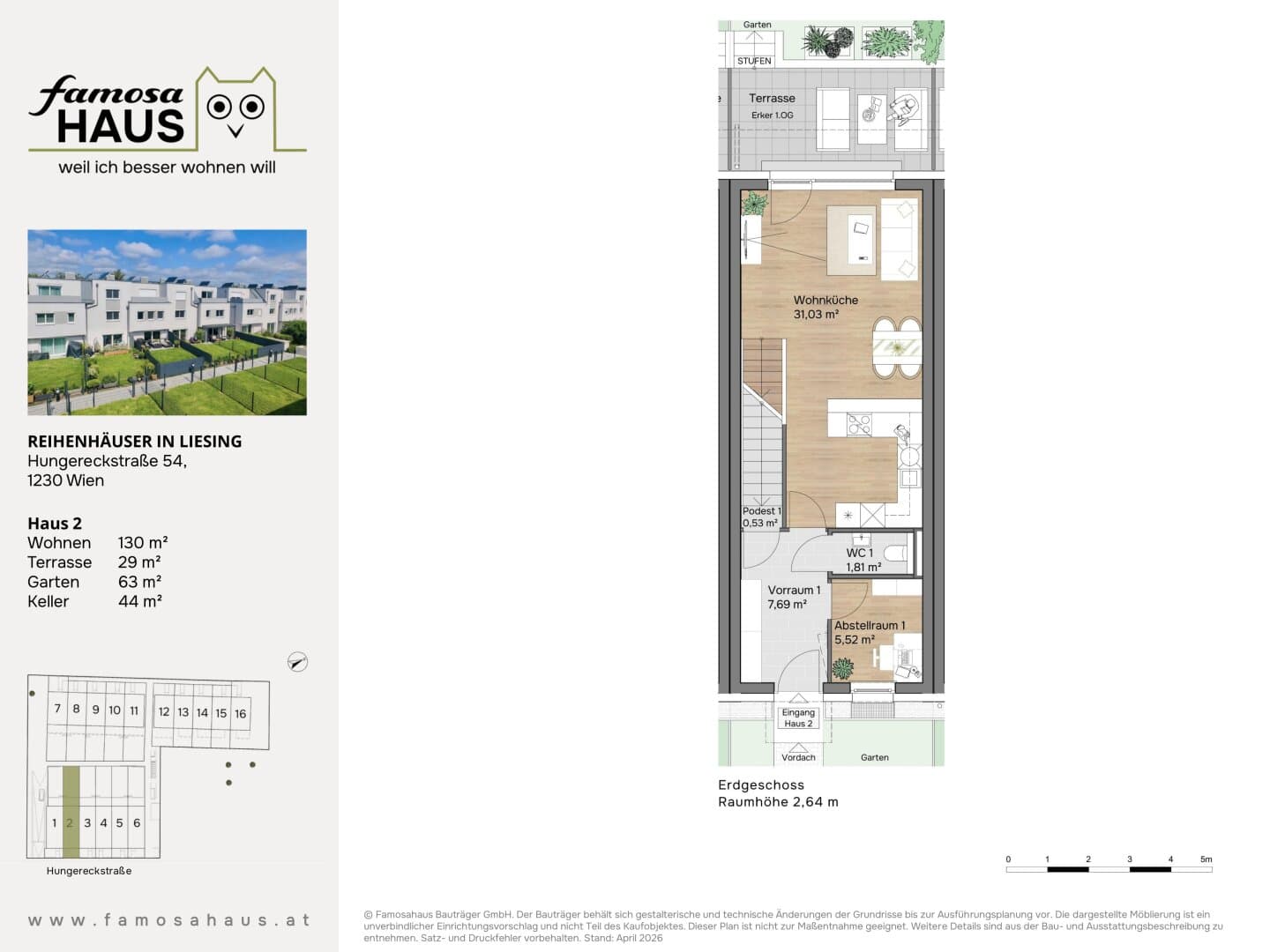 Grundriss Haus 2 — Reihenhäuser Wien-Liesing — 4 Zimmer — 130 m² — 4 Ebenen — Eigengarten, Dachterrasse — Grundriss 1/4