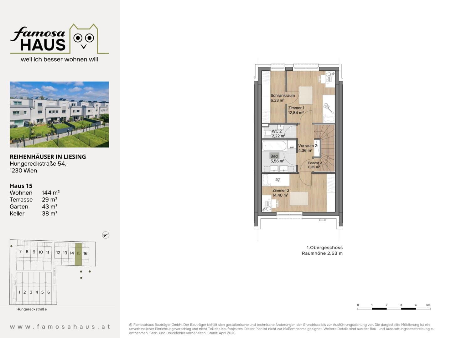 Grundriss Haus 15 — Reihenhäuser Wien-Liesing — 4 Zimmer — 114 m² — 4 Ebenen — Eigengarten, Dachterrasse — Grundriss 2/5