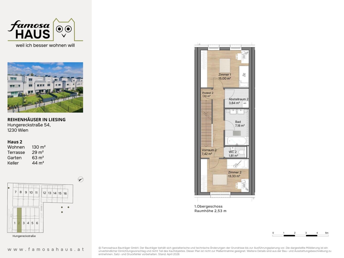 Grundriss Haus 2 — Reihenhäuser Wien-Liesing — 4 Zimmer — 130 m² — 4 Ebenen — Eigengarten, Dachterrasse — Grundriss 2/4