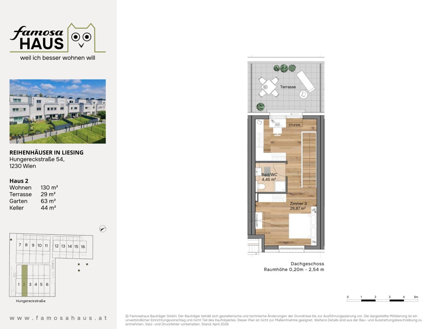 Grundriss Haus 2 — Reihenhäuser Wien-Liesing — 4 Zimmer — 130 m² — 4 Ebenen — Eigengarten, Dachterrasse — Grundriss 3/4