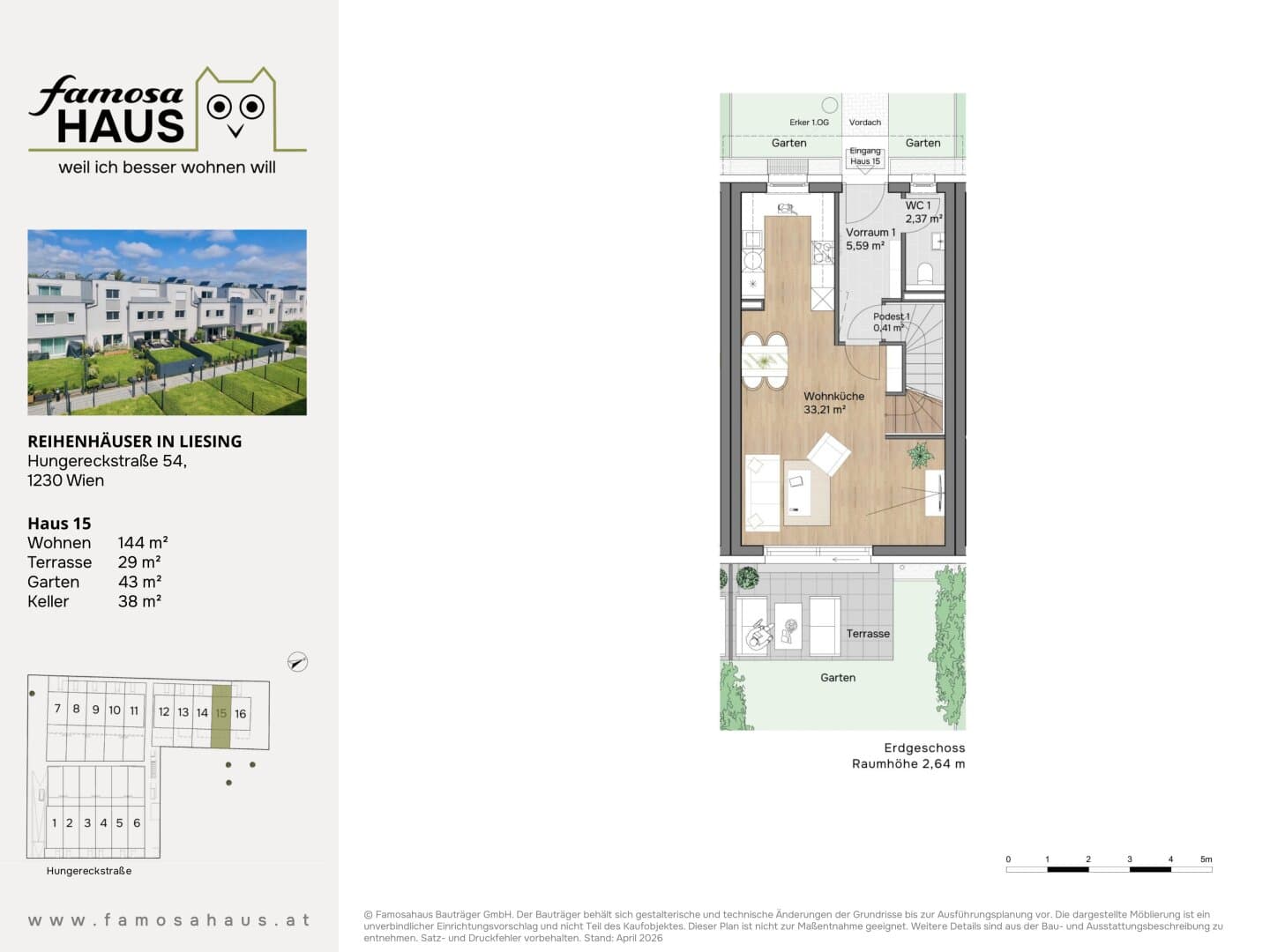 Grundriss Haus 15 — Reihenhäuser Wien-Liesing — 4 Zimmer — 114 m² — 4 Ebenen — Eigengarten, Dachterrasse — Grundriss 1/5