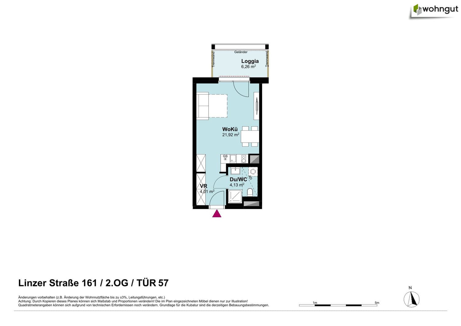 Grundriss Tür 57 — Inwest14 — 1 Zimmer — 36,3 m² — 1-Zimmer-Hit mit Loggia, Wohn-Ess-Schlafbereich, Duschbadezimmer, separate Waschküche
