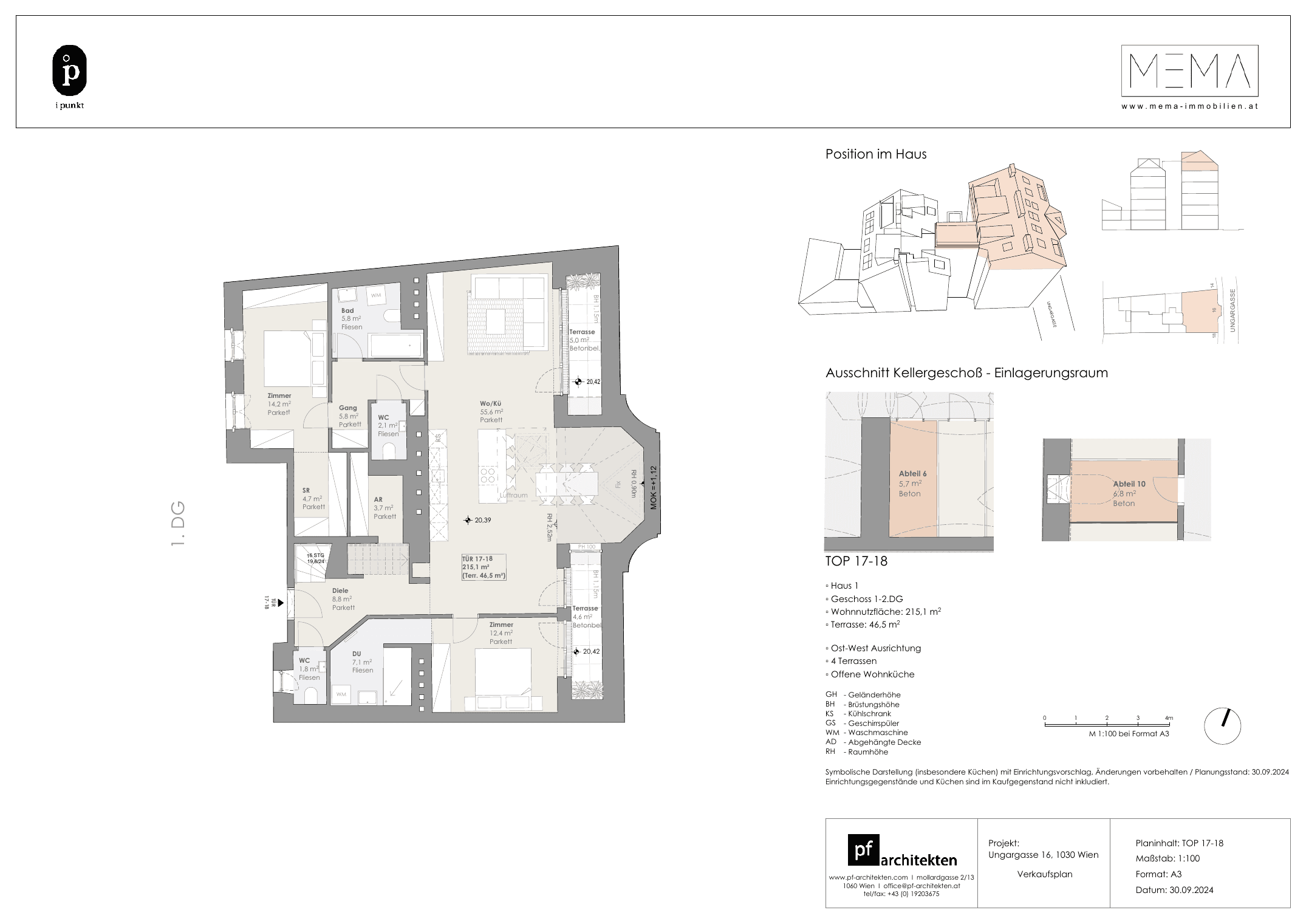 Grundriss Top 17+18 — I Punkt — 215 m² — Attic floor — Ost, West — Grundriss 1/2