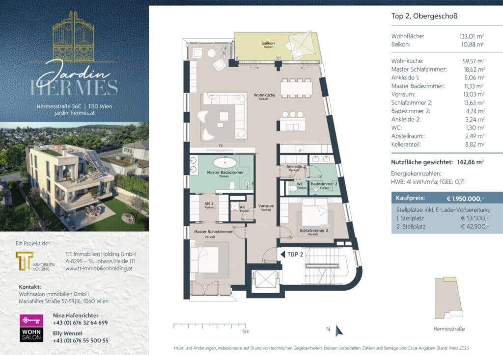 Grundriss ANLEGER AUFGEPASST: EIN DACHGESCHOSS FÜR HOHE ANSPRÜCHE – JARDIN HERMES — Jardin Hermes — 3 Zimmer — 115 m² — ANLEGER AUFGEPASST, Design & Nachhaltigkeit in vollendeter Harmonie In Wien-Hietzing wurde im Oktober 2025 ein Wohnprojekt… — Grundriss 2/3
