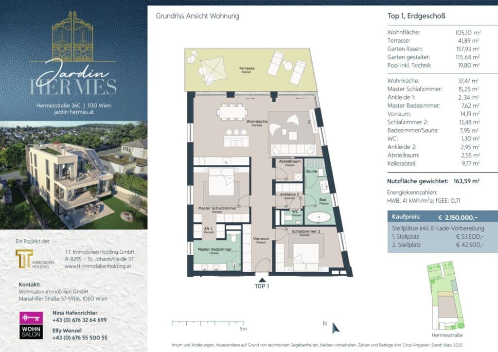Grundriss ANLEGER AUFGEPASST: JARDIN HERMES – BOUTIQUE-PROJEKT DER EXTRAKLASSE — Jardin Hermes — 3 Zimmer — 133 m² — ANLEGER AUFGEPASST, Design & Nachhaltigkeit in vollendeter Harmonie In Wien-Hietzing wurde im Oktober 2025 ein Wohnprojekt…