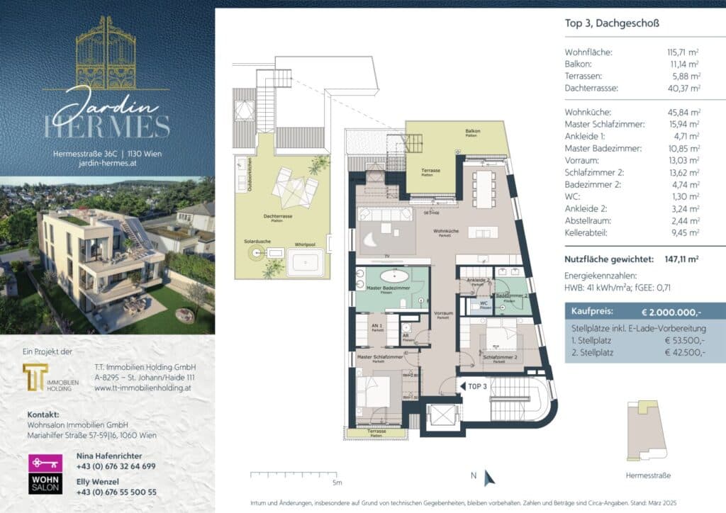 Grundriss ANLEGER AUFGEPASST: EIN DACHGESCHOSS FÜR HOHE ANSPRÜCHE – JARDIN HERMES — Jardin Hermes — 3 Zimmer — 115 m² — ANLEGER AUFGEPASST, Design & Nachhaltigkeit in vollendeter Harmonie In Wien-Hietzing wurde im Oktober 2025 ein Wohnprojekt… — Grundriss 3/3