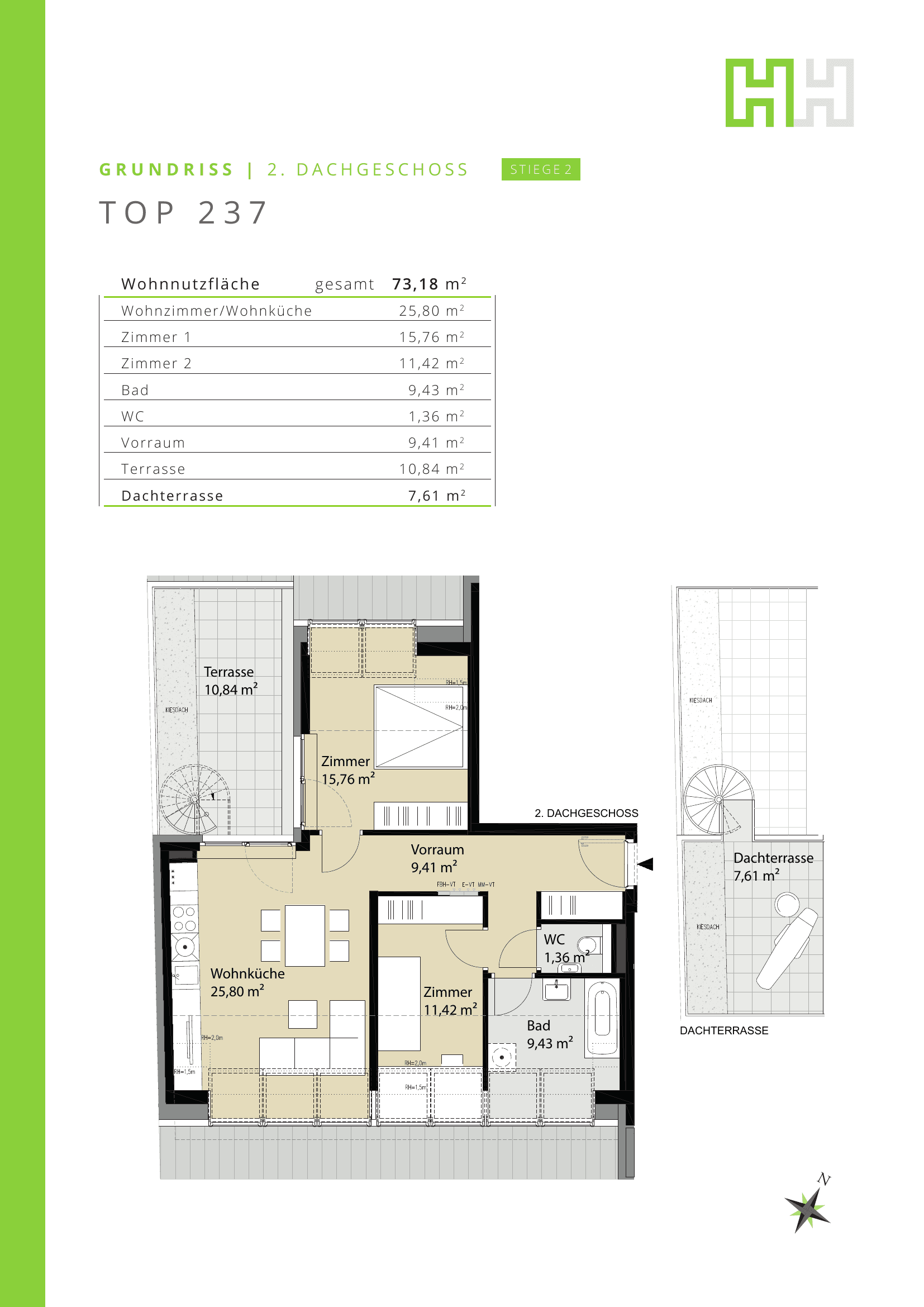 Grundriss 237 — Josef-Ruston-Gasse 28 — 3 Zimmer — 73,2 m² — bezugsfertig — Grundriss 2/2