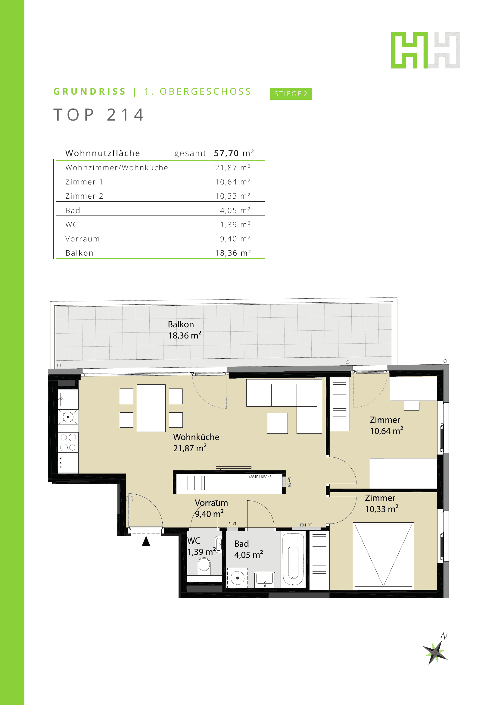 Grundriss 214 — Josef-Ruston-Gasse 28 — 3 Zimmer — 57,7 m² — bezugsfertig — Grundriss 2/2