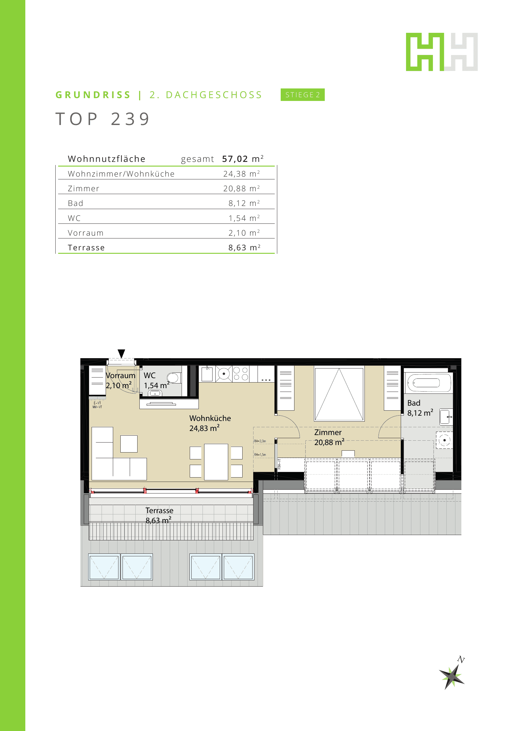 Grundriss 239 — Josef-Ruston-Gasse 28 — 2 Zimmer — 57 m² — bezugsfertig — Grundriss 2/2