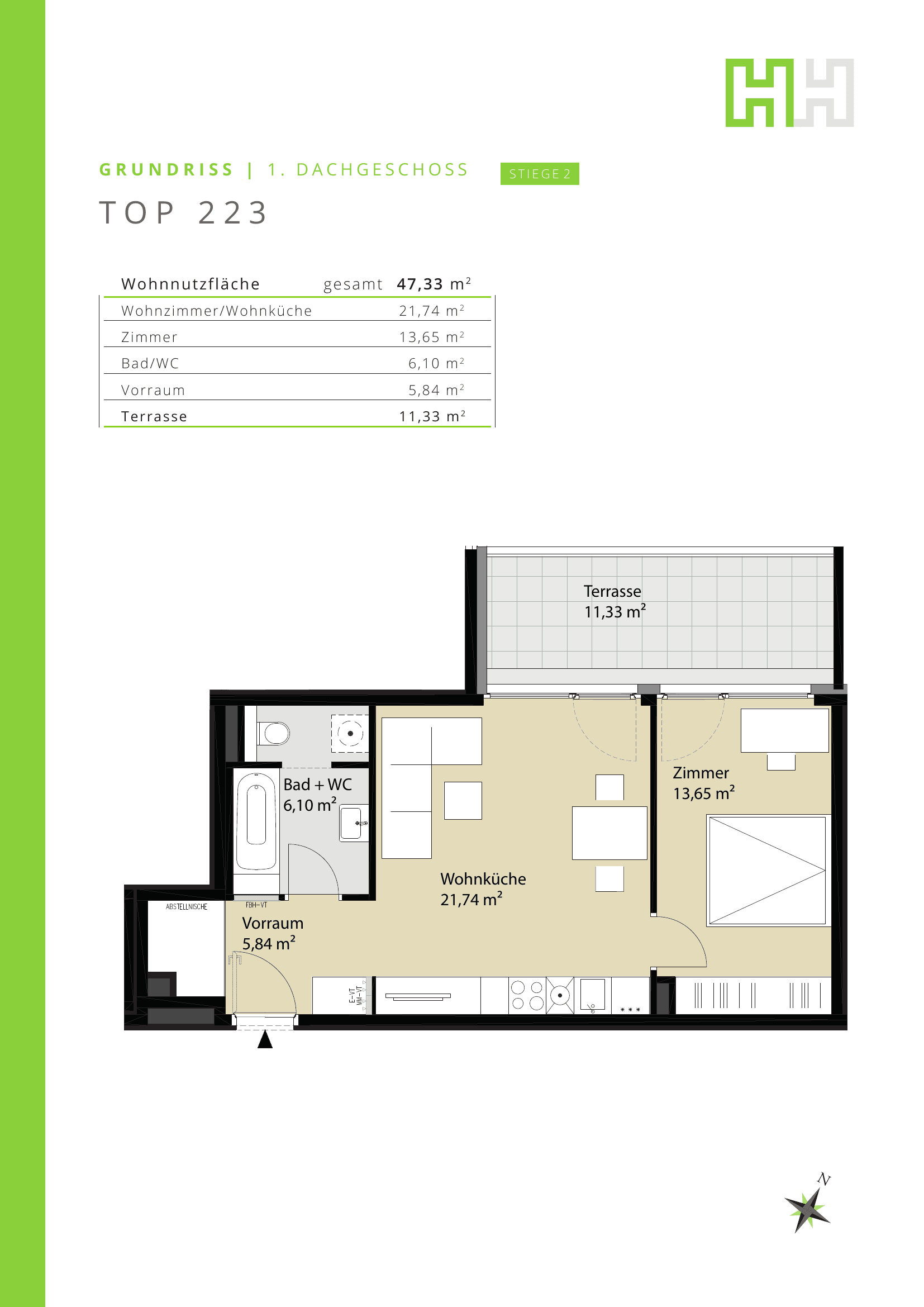 Grundriss 223 — Josef-Ruston-Gasse 28 — 2 Zimmer — 47,3 m² — bezugsfertig — Grundriss 2/2