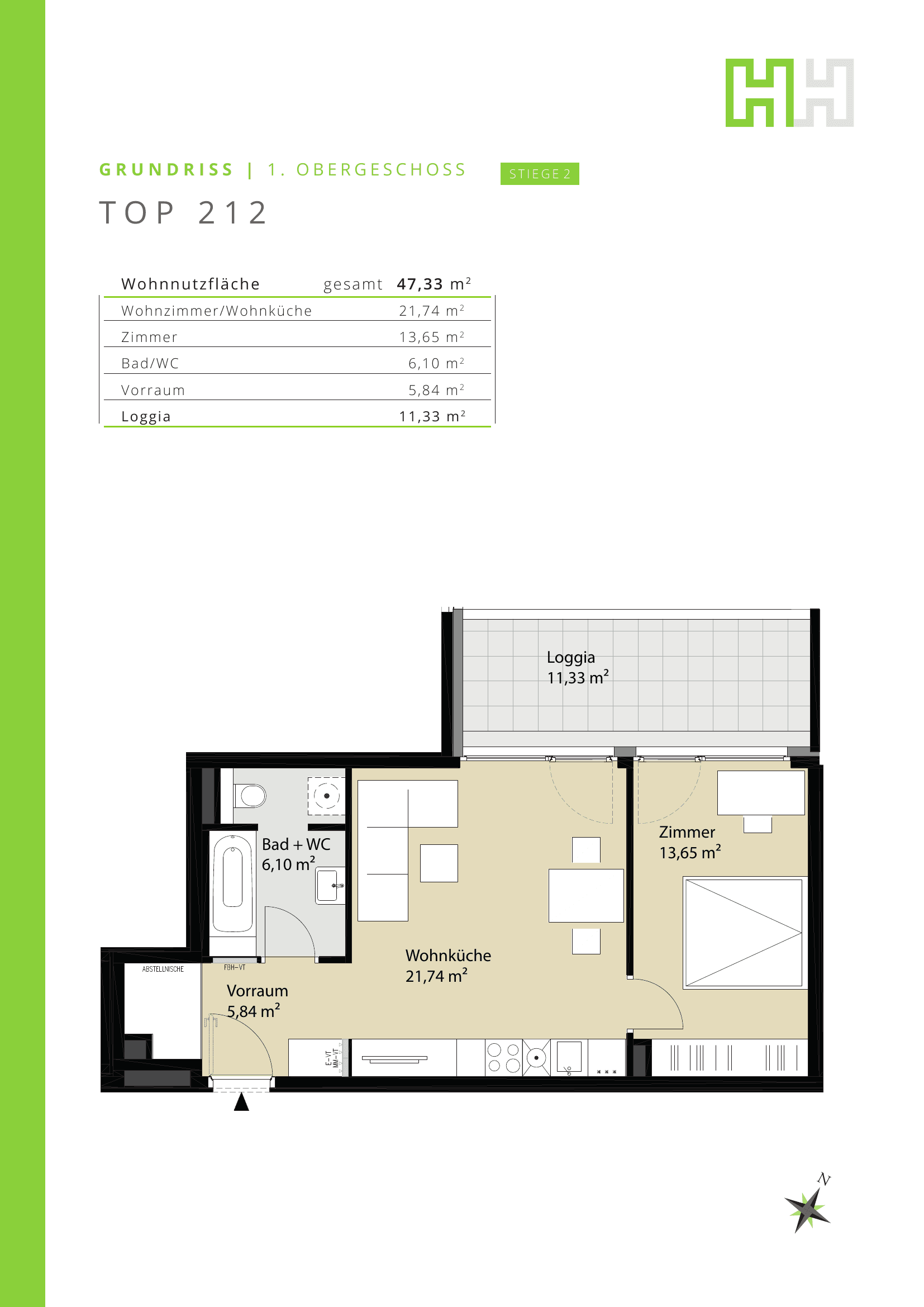 Grundriss 212 — Josef-Ruston-Gasse 28 — 2 Zimmer — 47,3 m² — bezugsfertig — Grundriss 2/2