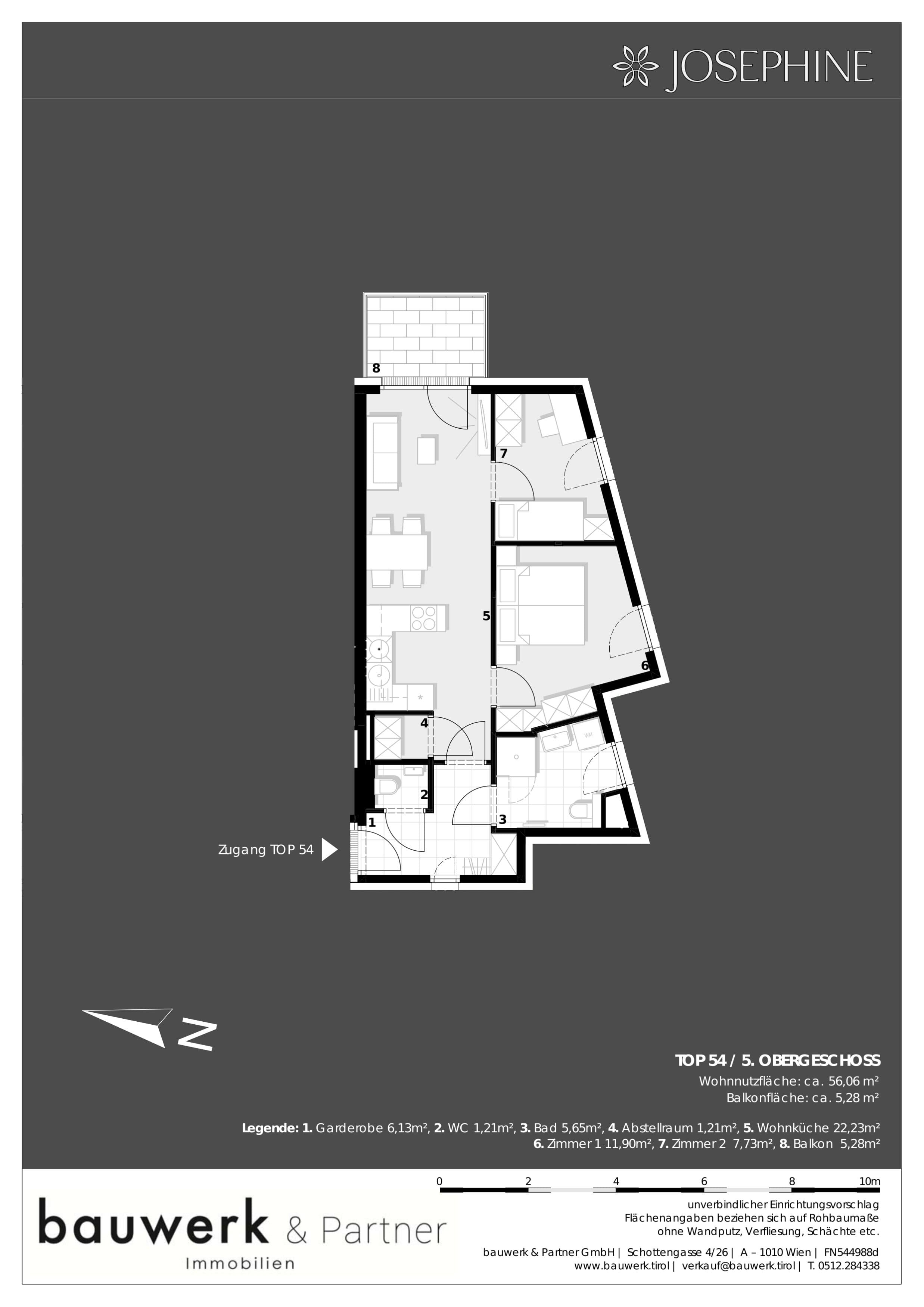 Grundriss 54 — Josephine — 3 Zimmer — 56 m² — 5. OG