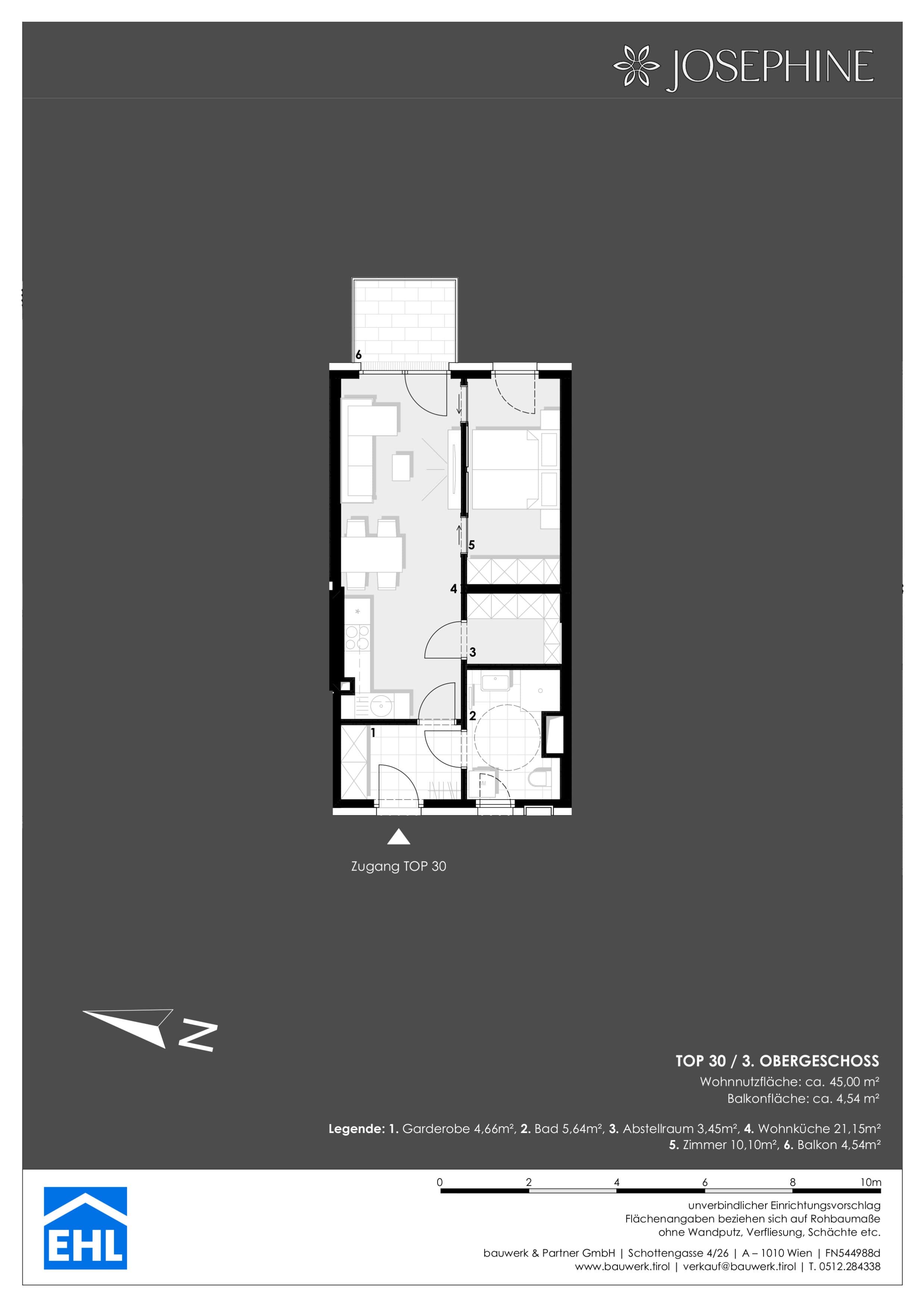 Grundriss 30 — Josephine — 2 Zimmer — 45 m² — 3. OG