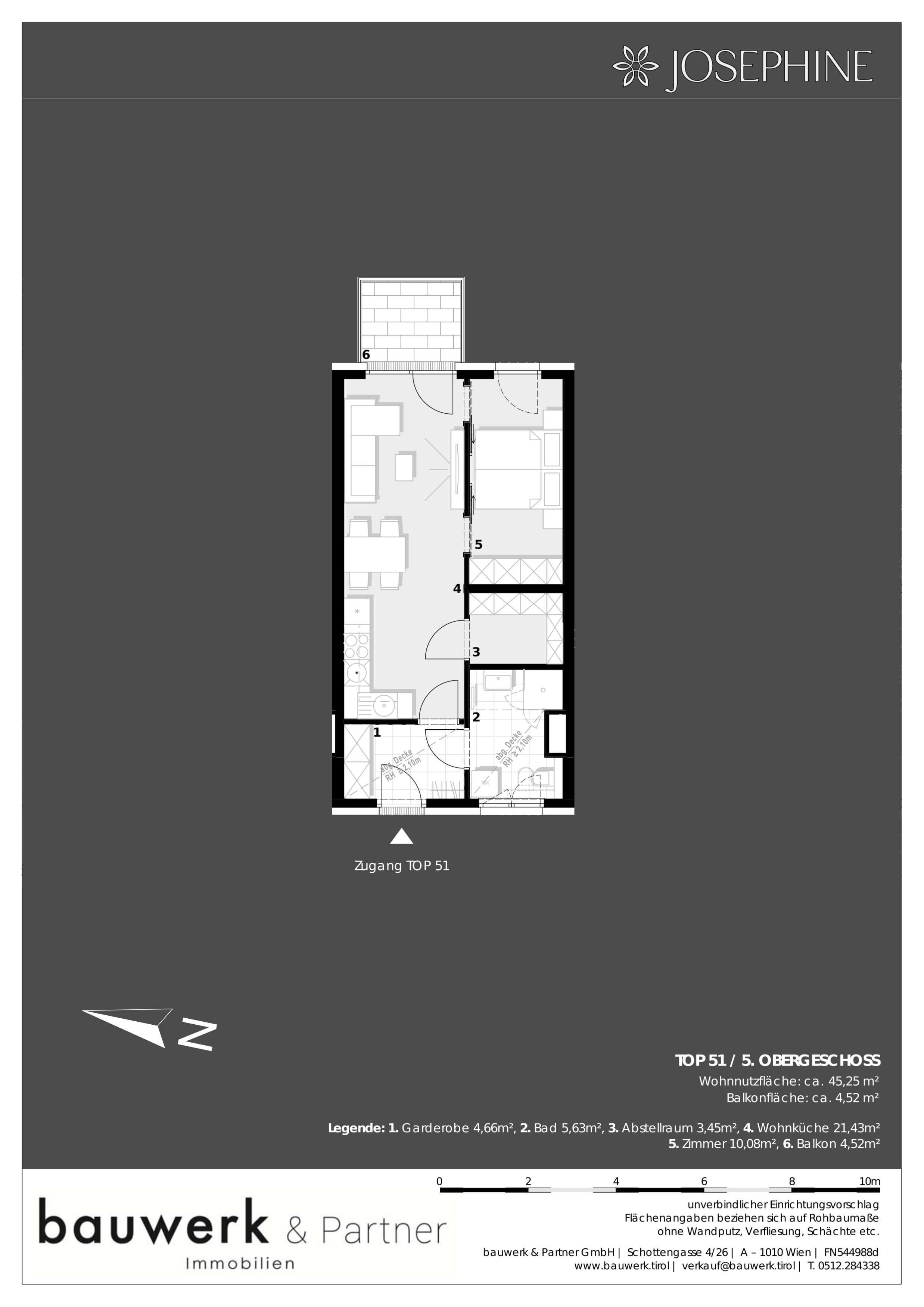 Grundriss 51 — Josephine — 2 Zimmer — 45,3 m² — 5th floor