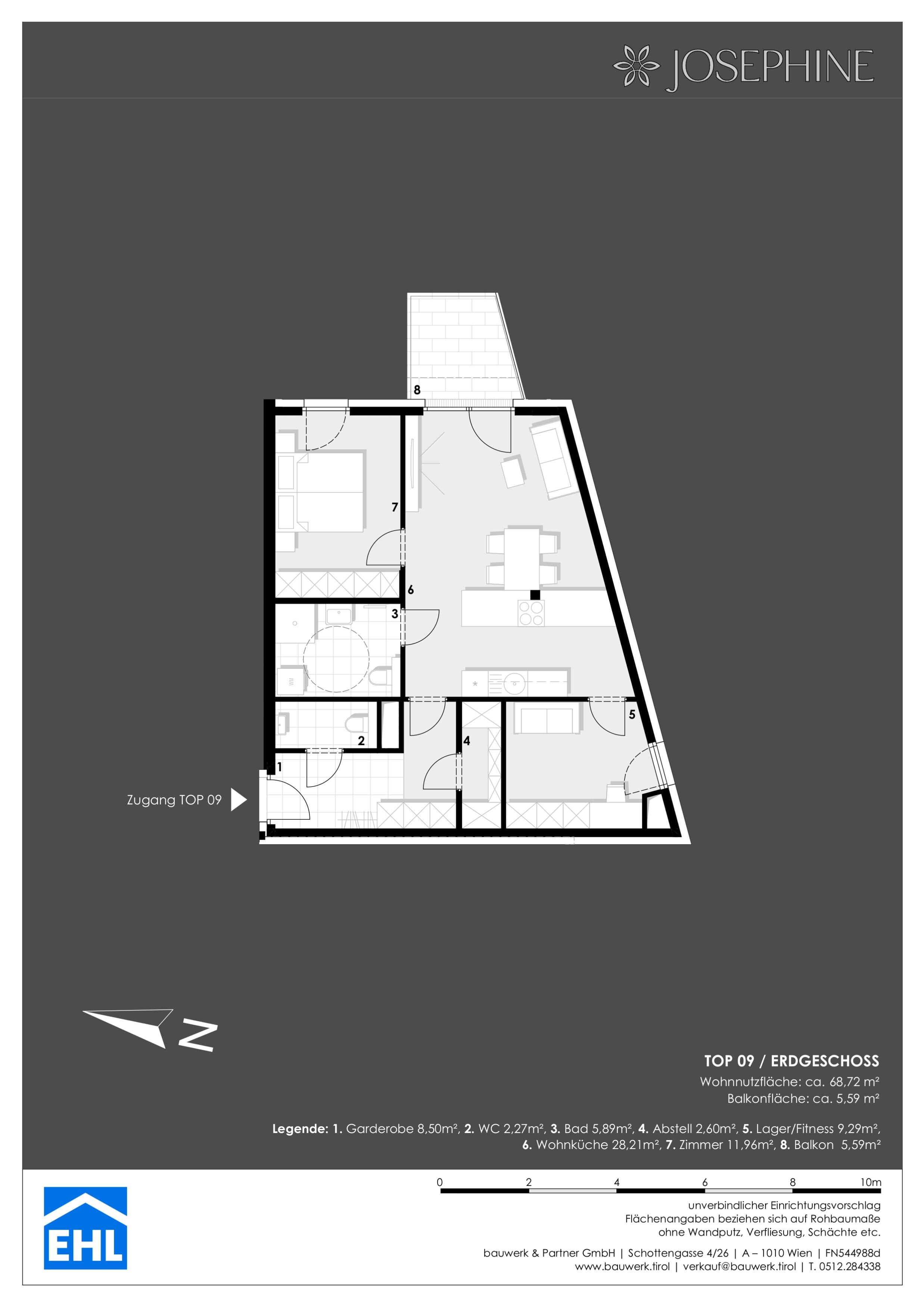 Grundriss 9 — Josephine — 3 Zimmer — 68,7 m² — Ground floor — Grundriss 2/2