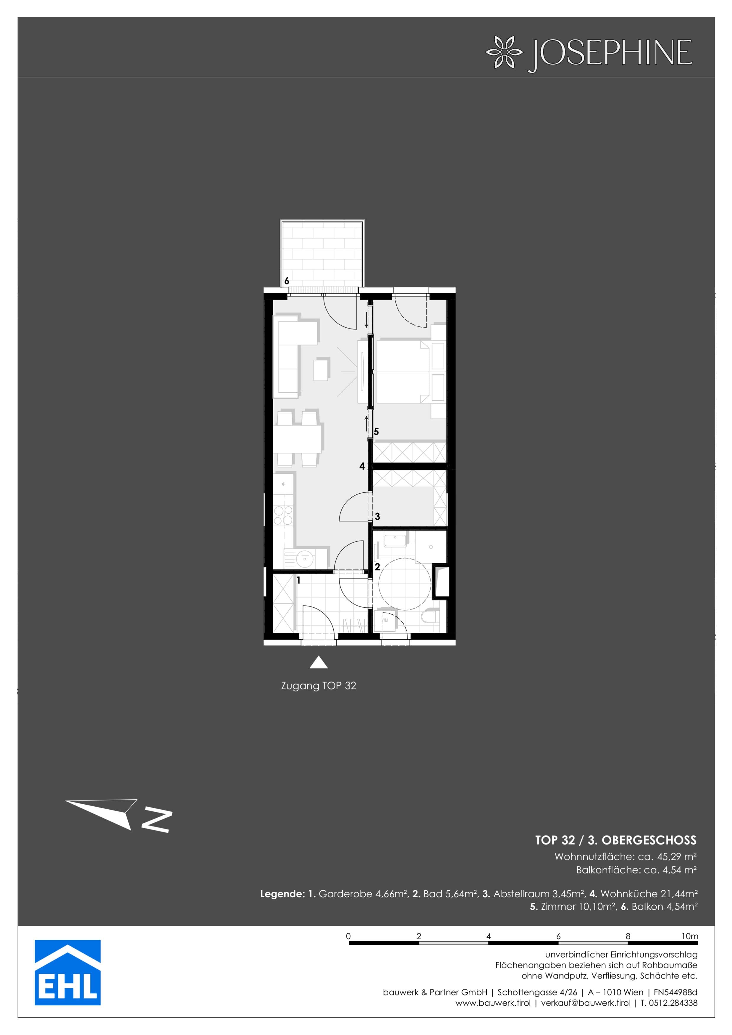 Floorplan 32 — Josephine — 2 Rooms — 45.3 m² — 3rd floor