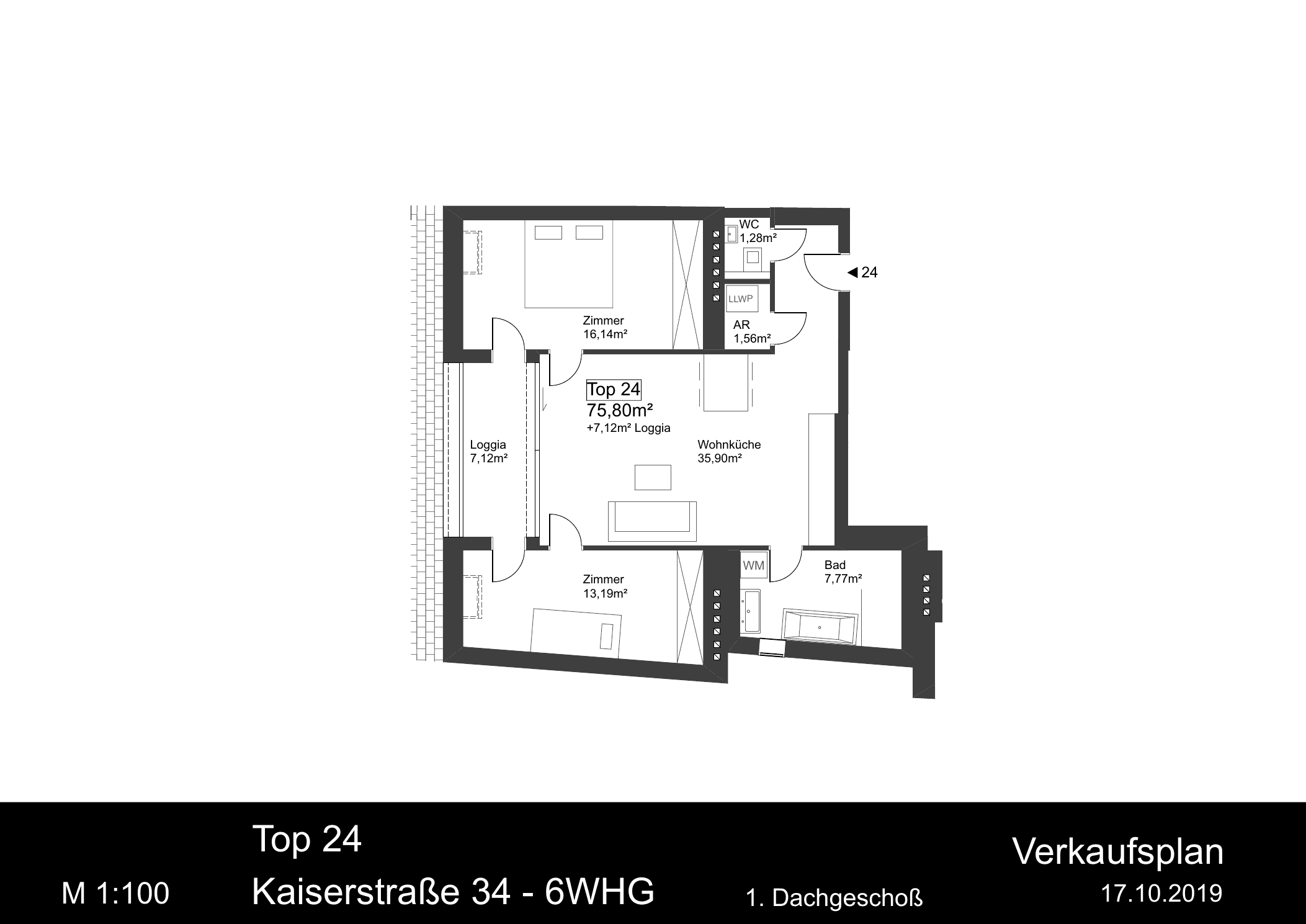 Grundriss Top 24 — Kaiserstraße 34 — 3 Zimmer — 75,8 m² — 1st attic floor