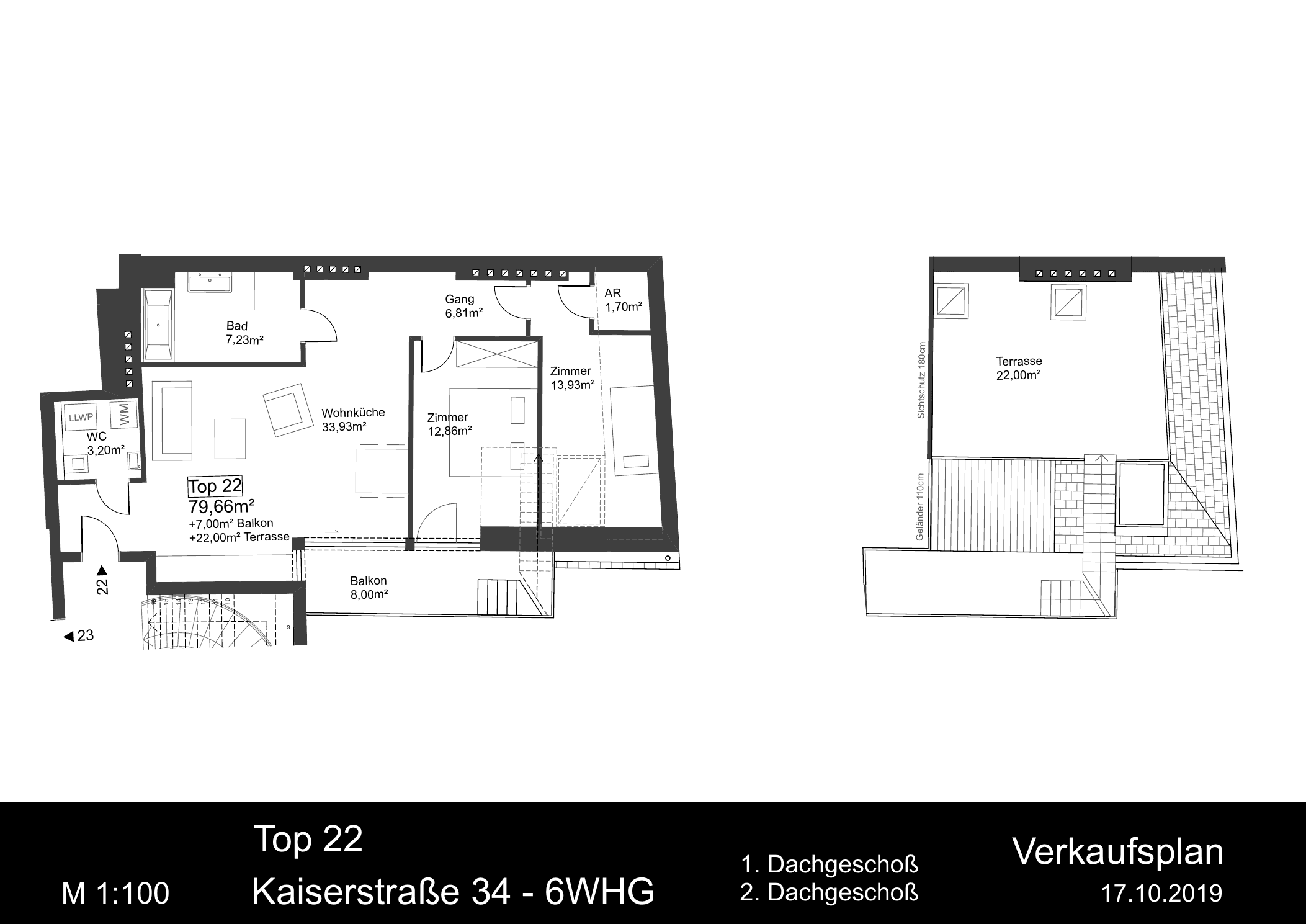Grundriss Top 22 — Kaiserstraße 34 — 3 Zimmer — 79,7 m² — 1st attic floor