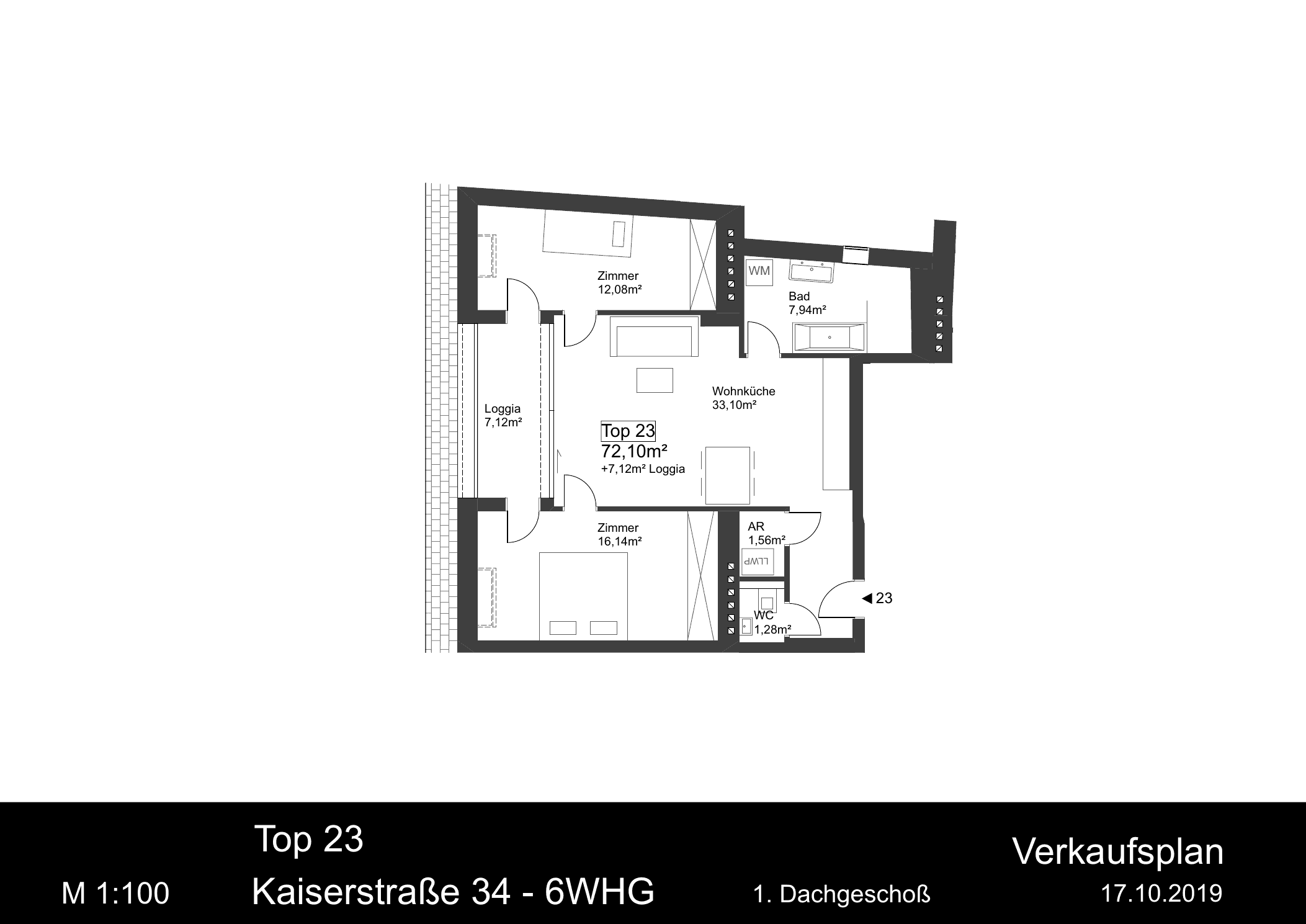 Grundriss Top 23 — Kaiserstraße 34 — 3 Zimmer — 72,1 m² — 1st attic floor