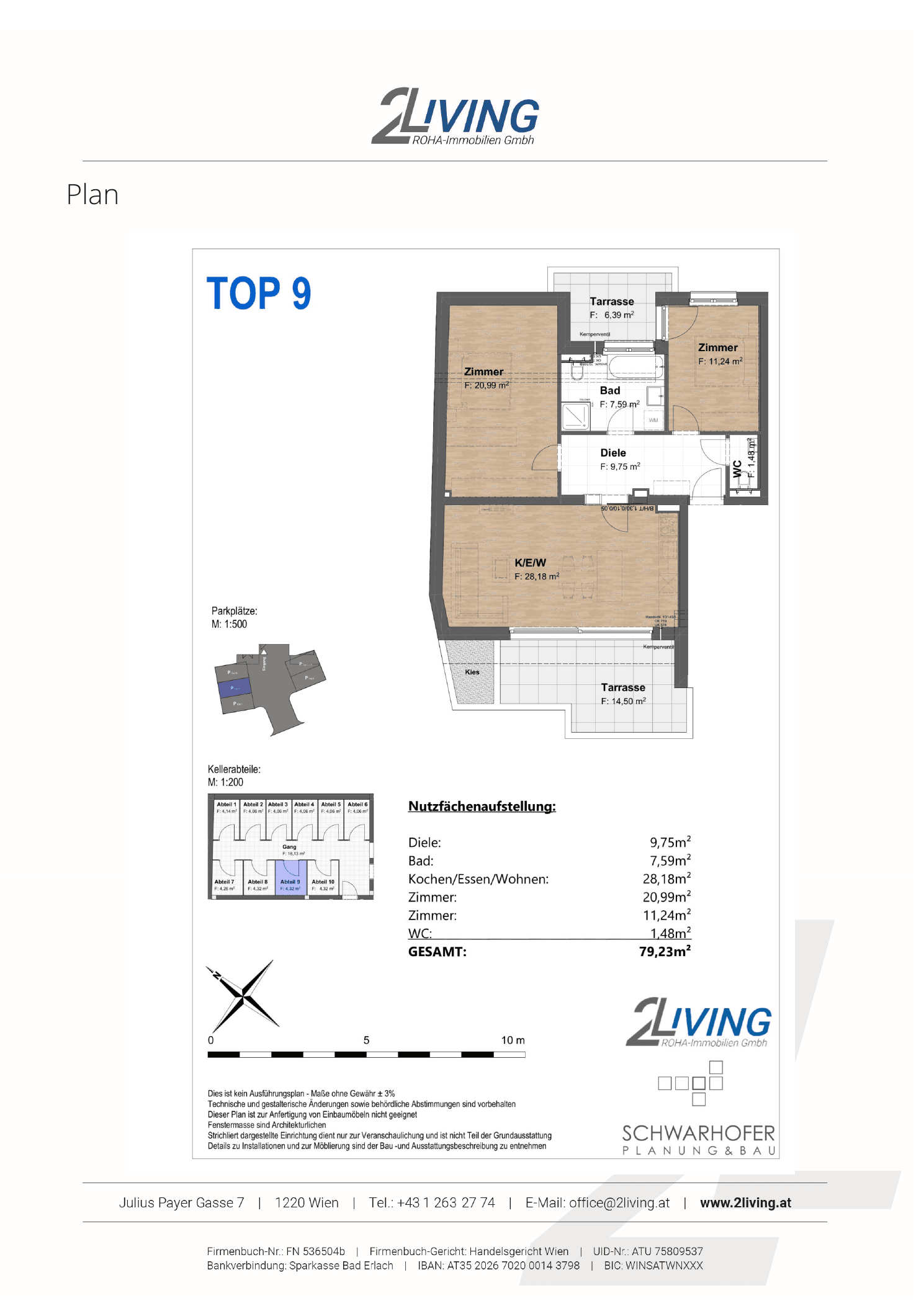 Grundriss TOP 9 — Kaiserwasser Living — 3 Zimmer — 79,8 m² — 1st attic floor — Wohnfläche 79,76 m2 | Balkon 20,77 m2