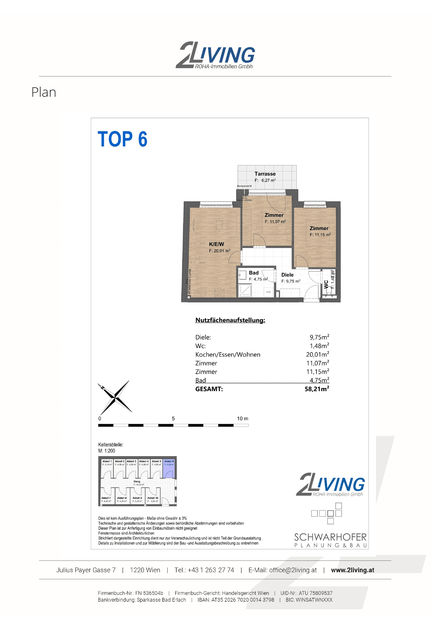 Grundriss TOP 6 — Kaiserwasser Living — 3 Zimmer — 58,3 m² — 1st floor — Wohnfläche 58,25 m2 | Balkon 9,13 m2