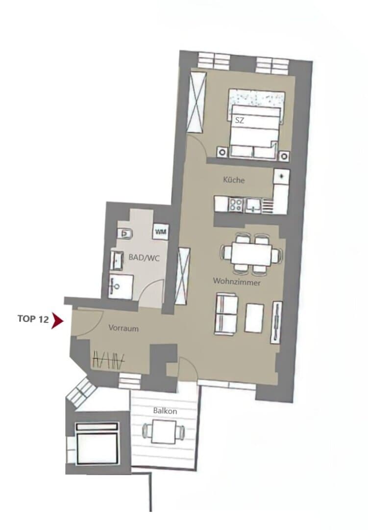 Grundriss Top 12 — Kalvarienberggasse 42 — 2 Zimmer — 52 m² — 1st floor