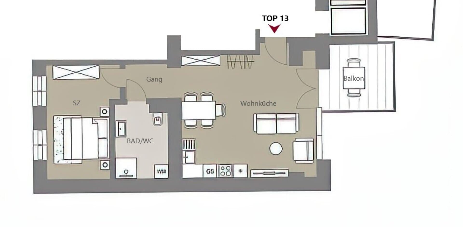 Grundriss Top 13 — Kalvarienberggasse 42 — 2 Zimmer — 50 m² — 2nd floor