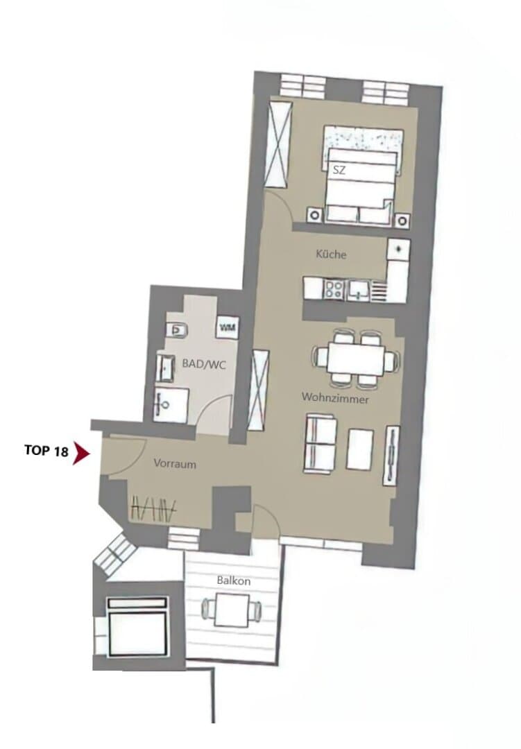 Grundriss Top 18 — Kalvarienberggasse 42 — 2 Zimmer — 53 m² — 2nd floor