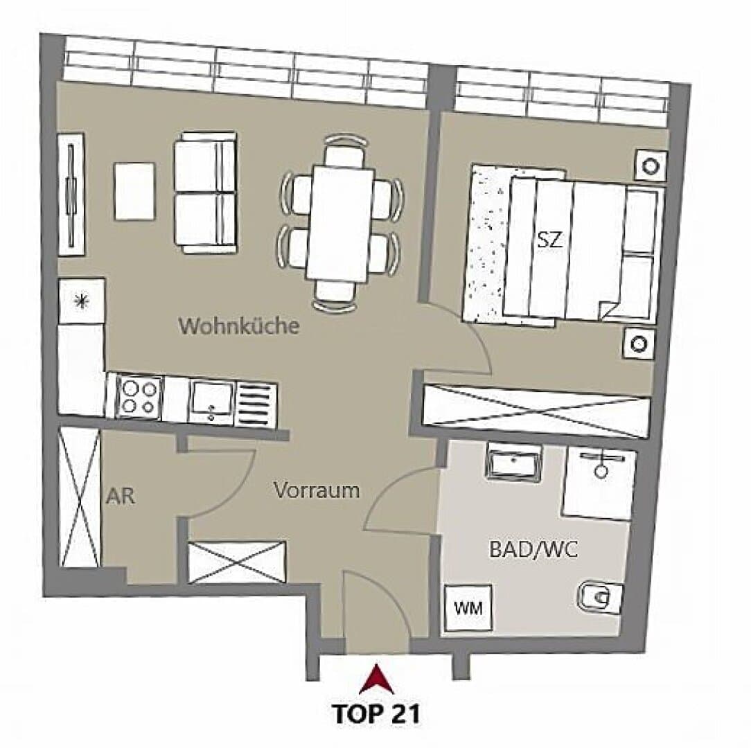 Grundriss Top 21 — Kalvarienberggasse 42 — 2 Zimmer — 43 m² — 1st attic floor