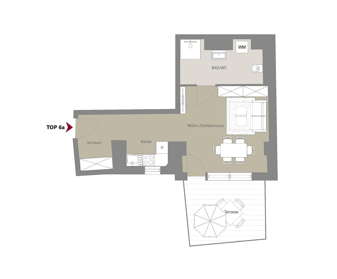 Grundriss Top 6a — Kalvarienberggasse 42 — 1 Zimmer — 31 m² — Ground floor