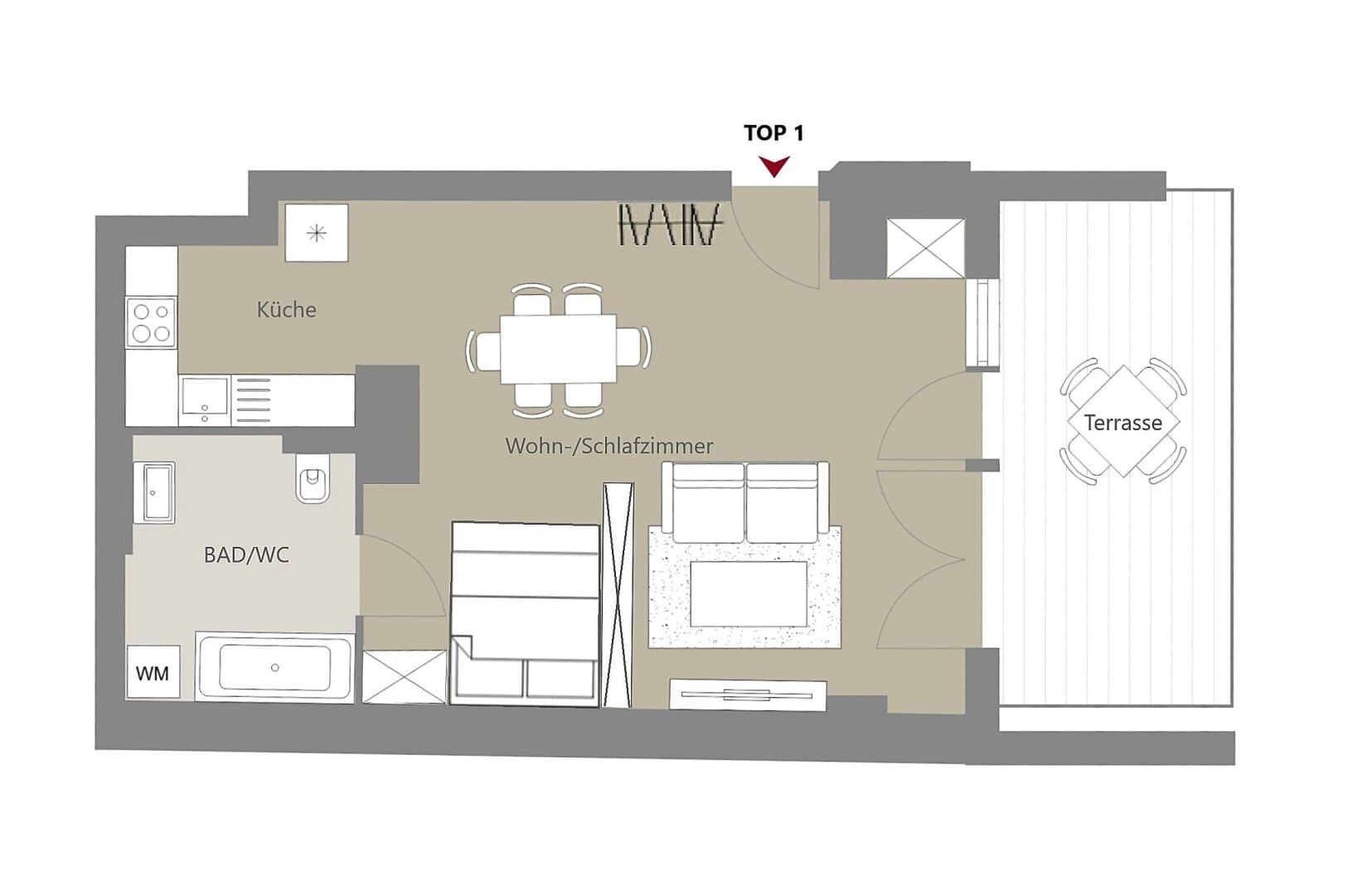 Grundriss Top 1 — Kalvarienberggasse 42 — 1 Zimmer — 42 m² — Ground floor