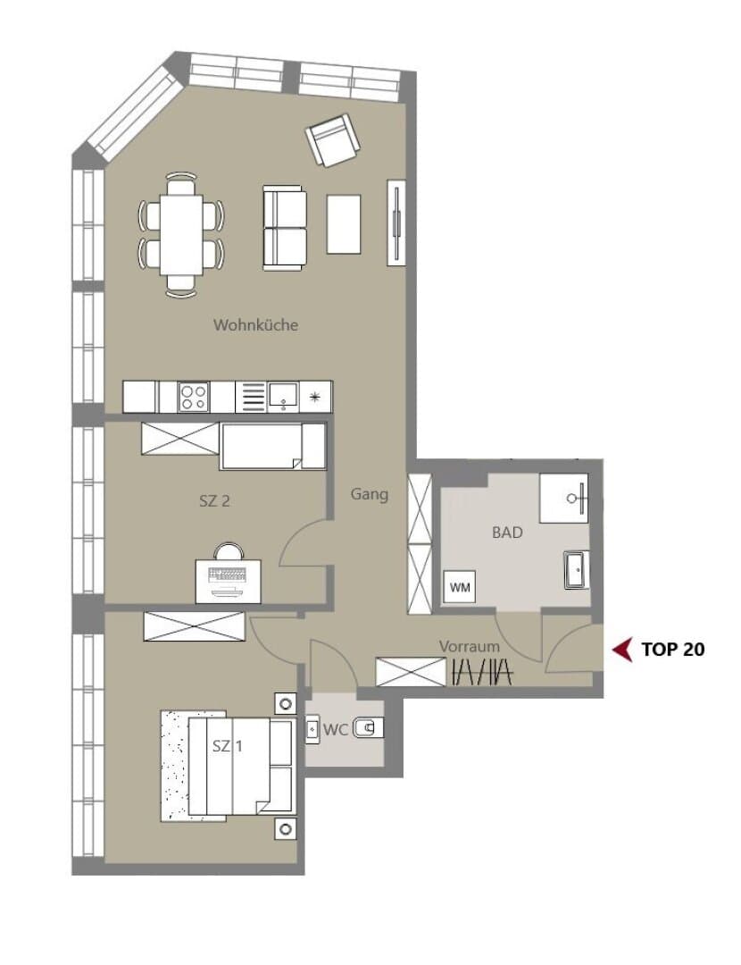 Grundriss Top 20 — Kalvarienberggasse 42 — 3 Zimmer — 72 m² — 1st attic floor
