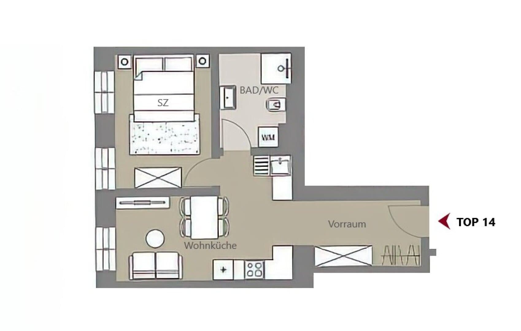Grundriss Top 14 — Kalvarienberggasse 42 — 2 Zimmer — 35 m² — 2nd floor