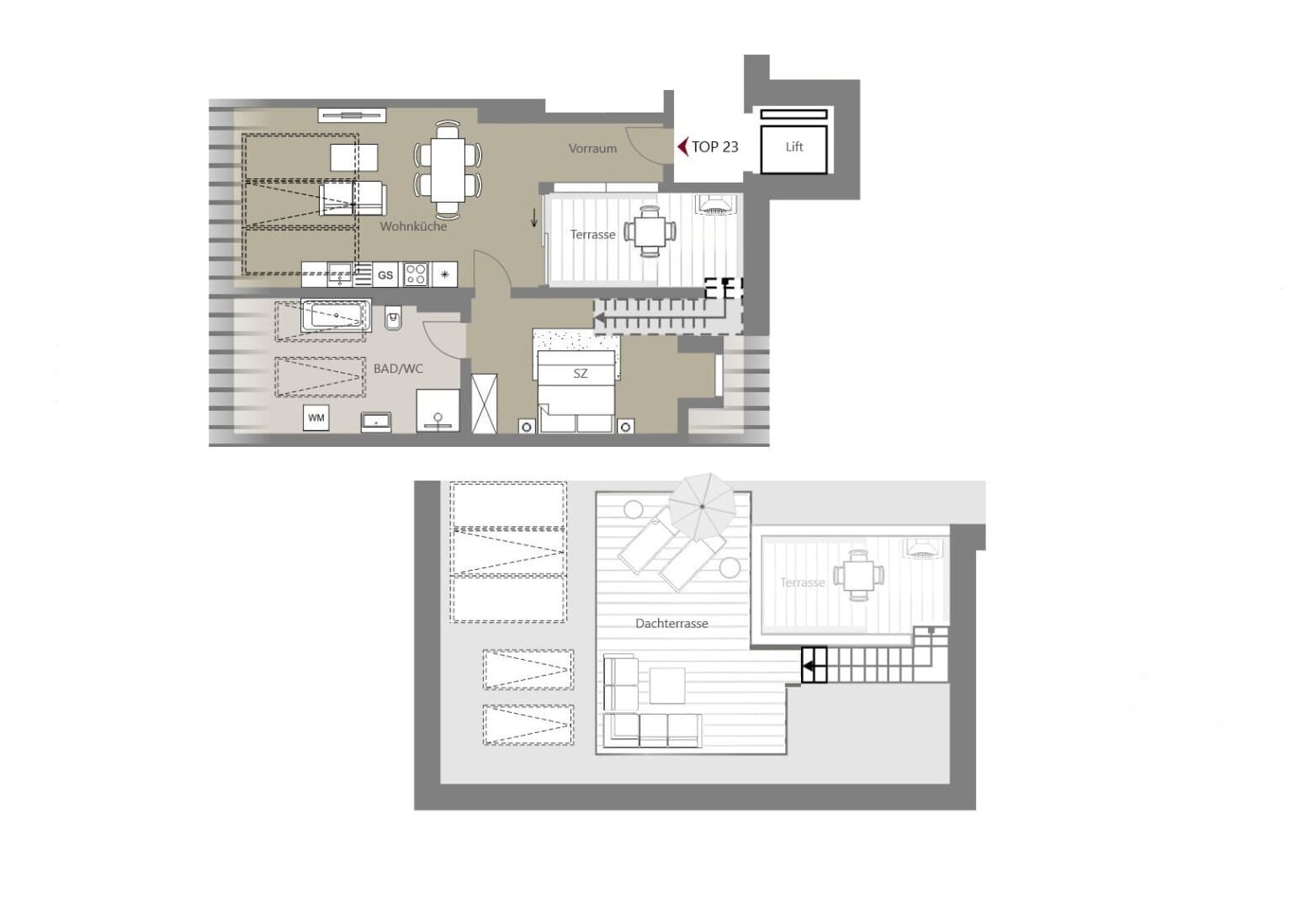 Grundriss Top 23 — Kalvarienberggasse 42 — 2 Zimmer — 56 m² — 2nd attic floor