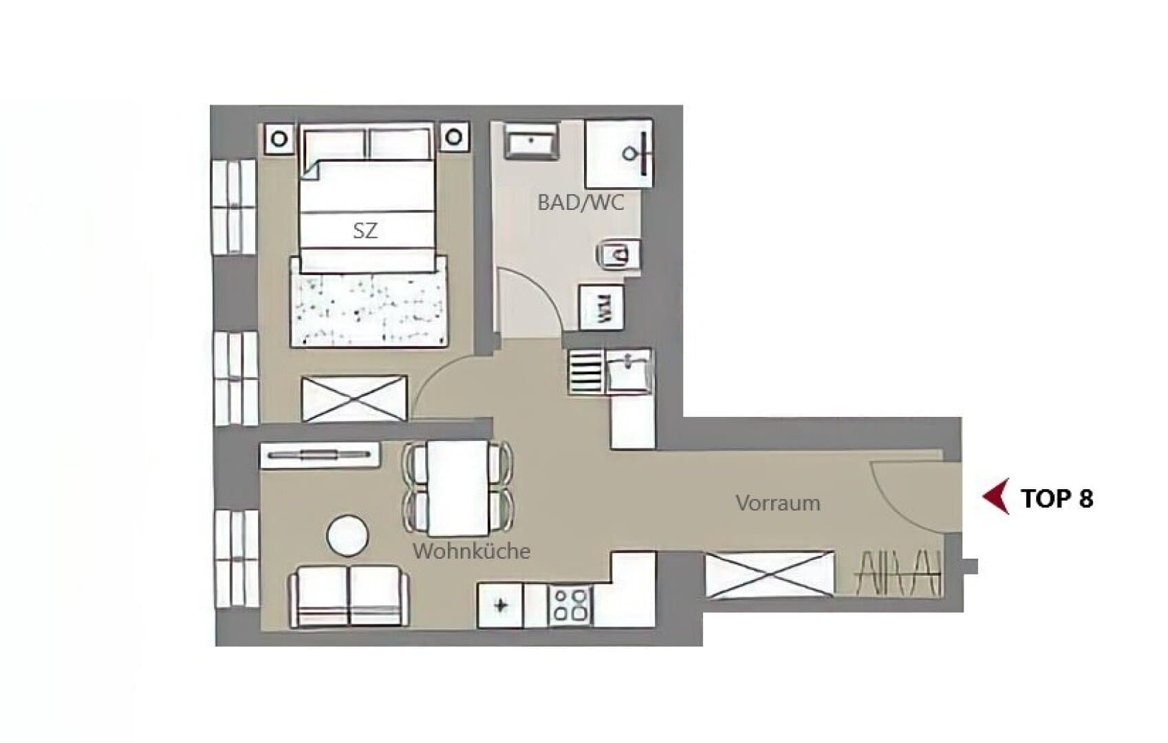 Grundriss Top 8 — Kalvarienberggasse 42 — 2 Zimmer — 35 m² — 1st floor