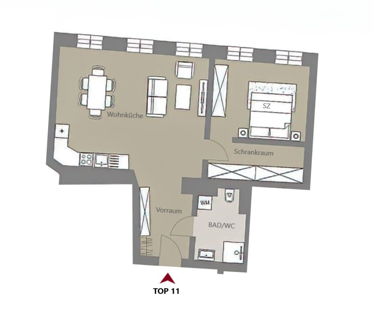 Grundriss Top 11 — Kalvarienberggasse 42 — 2 Zimmer — 61 m² — 1st floor
