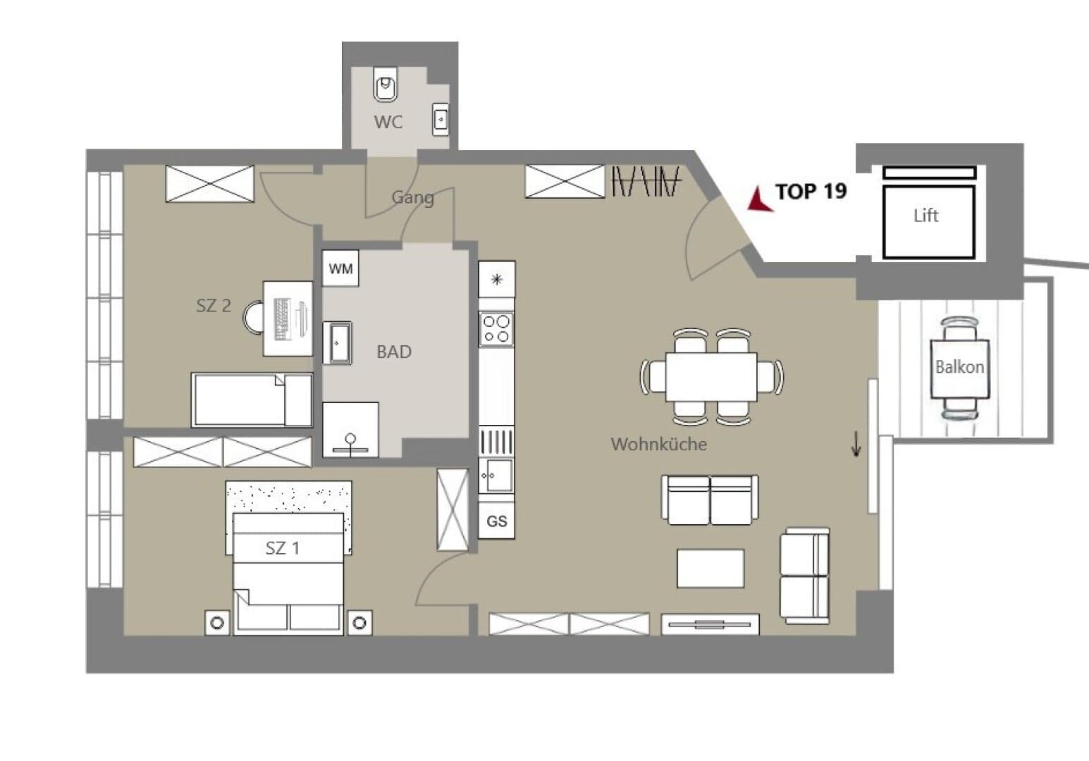 Grundriss Top 19 — Kalvarienberggasse 42 — 3 Zimmer — 75 m² — 1st attic floor