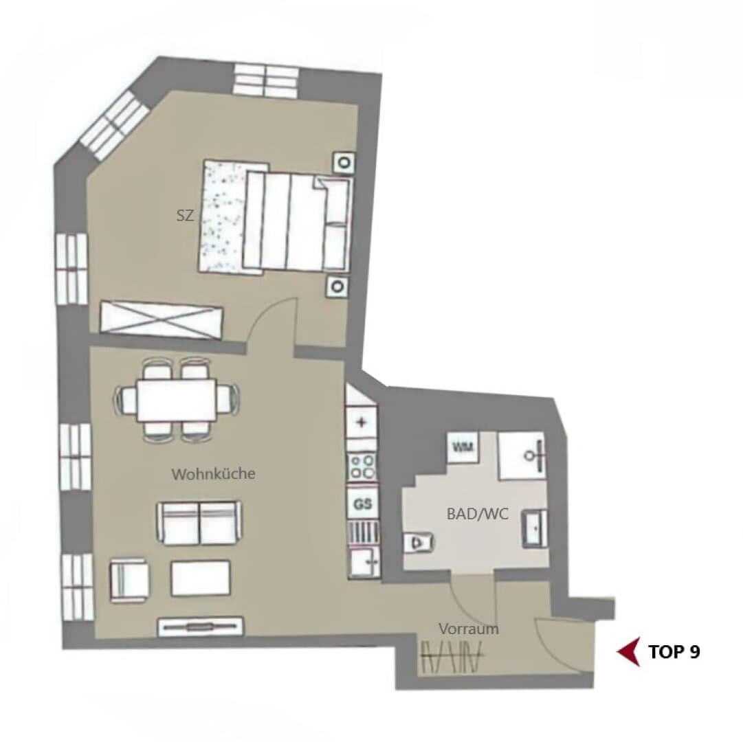 Grundriss Top 9 — Kalvarienberggasse 42 — 2 Zimmer — 53 m² — 1st floor