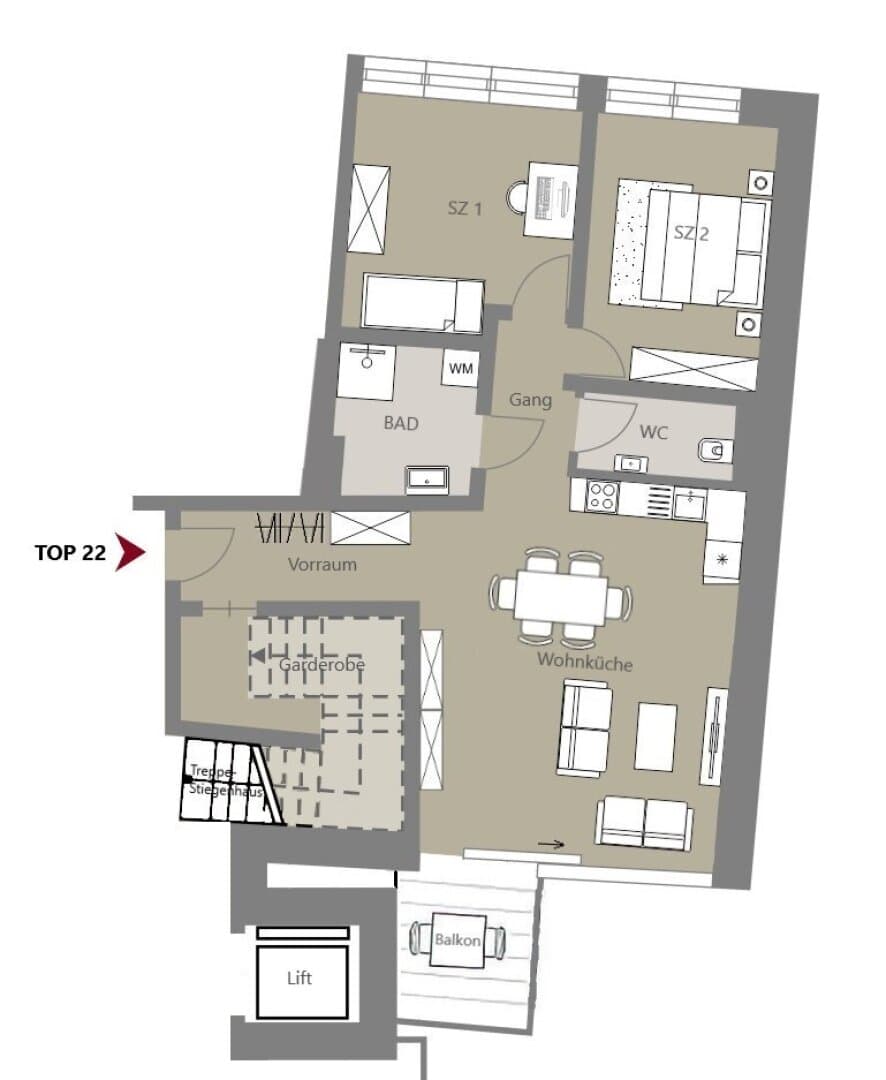 Grundriss Top 22 — Kalvarienberggasse 42 — 3 Zimmer — 74 m² — 1st attic floor
